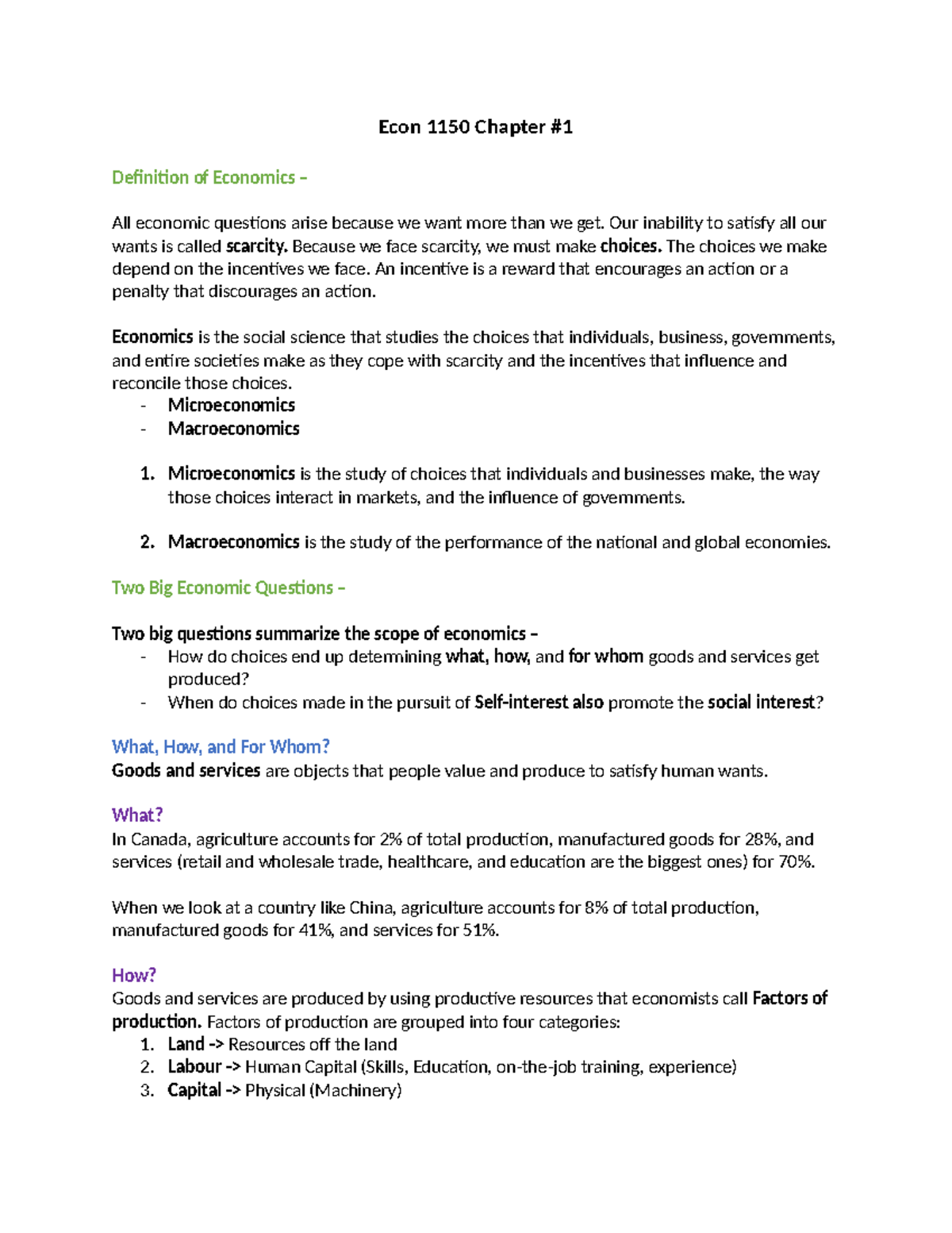 Econ 1150 Chapter 1: Introduction to Economics and Key Concepts - Studocu
