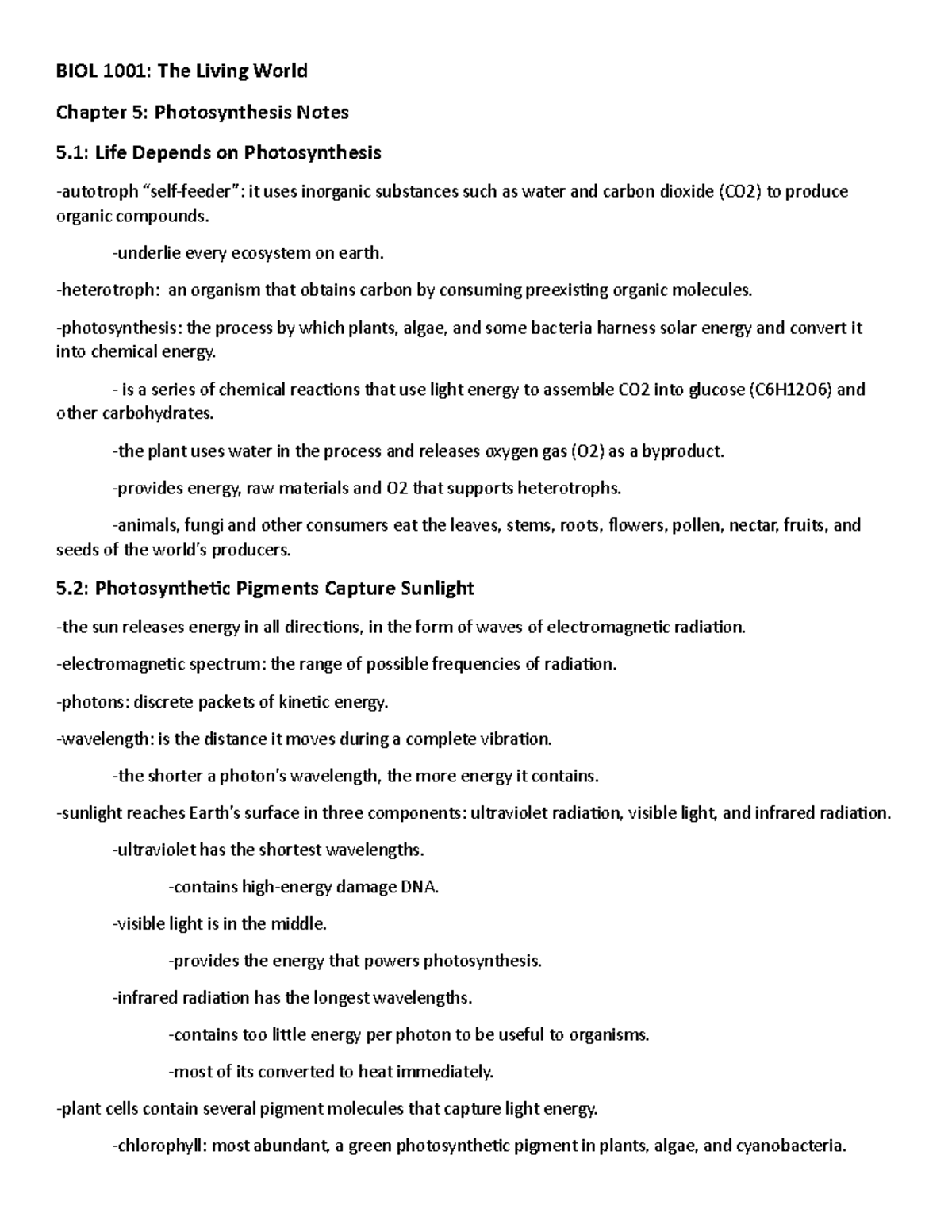 BIOL 1001 Chapter 5 Notes: Photosynthesis in the Living World - Studocu
