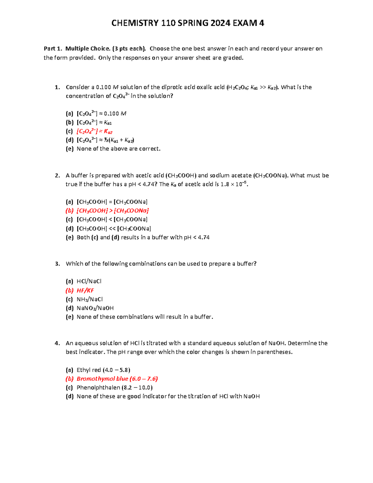 CHEM 110 Exam 4 2024 Spring (Key) - Part 1. Multiple Choice. (3 pts ...