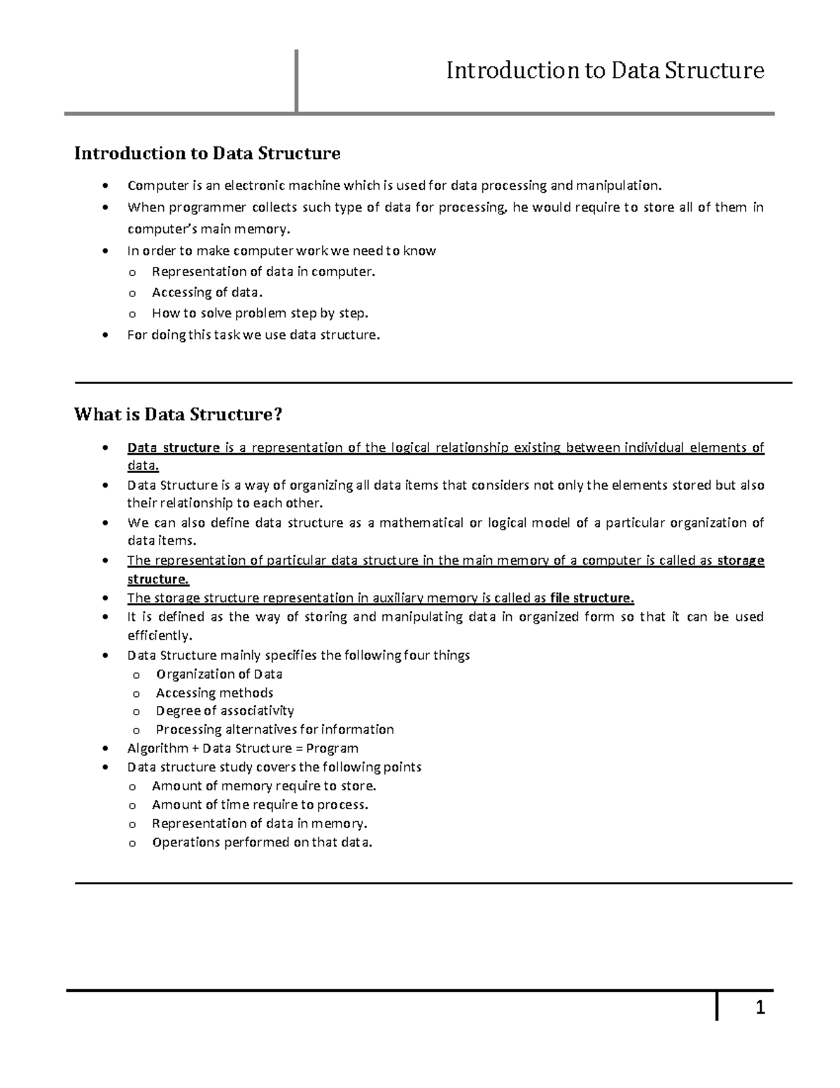 3130702 Data Structures - Comprehensive Notes on Unit 1 Topics - Studocu
