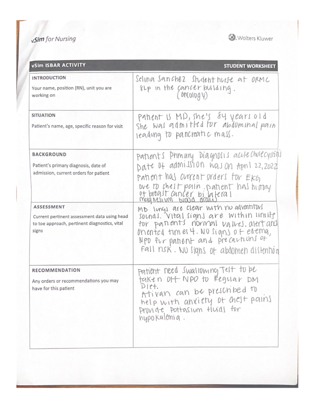 Isbar week 2 - clinical documentation - vSim for Nursing Wolters Kluwer ...