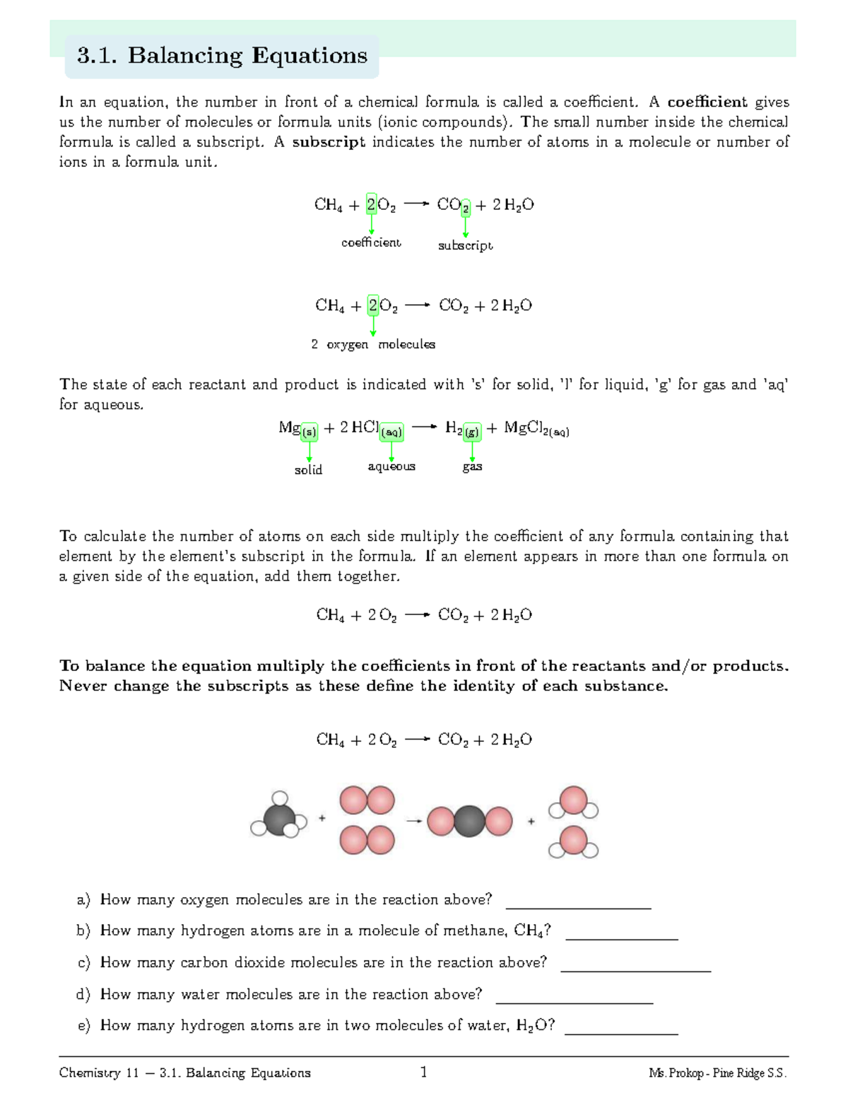 Chemistry 11: 3.1 Balancing Chemical Equations and Reactions - Studocu
