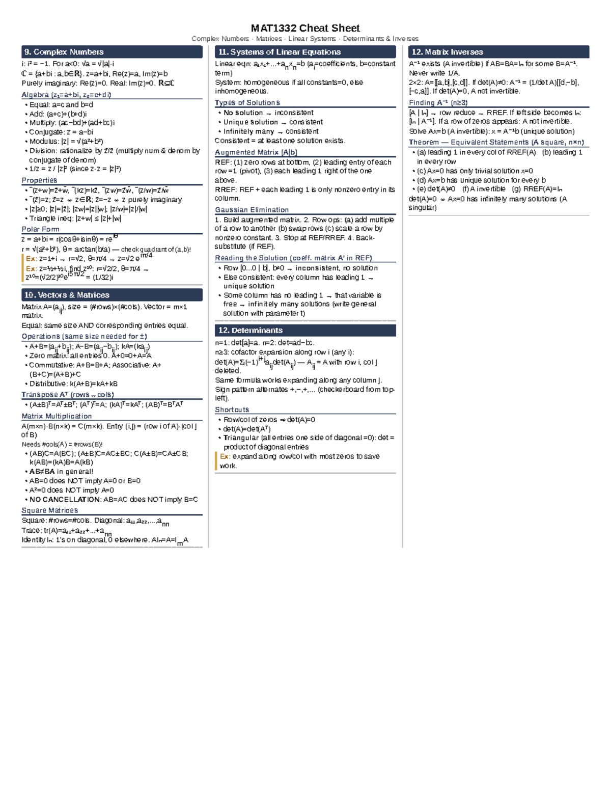 MAT1332 Midterm 2 Cheat Sheet: Complex Numbers & Matrices - Studocu