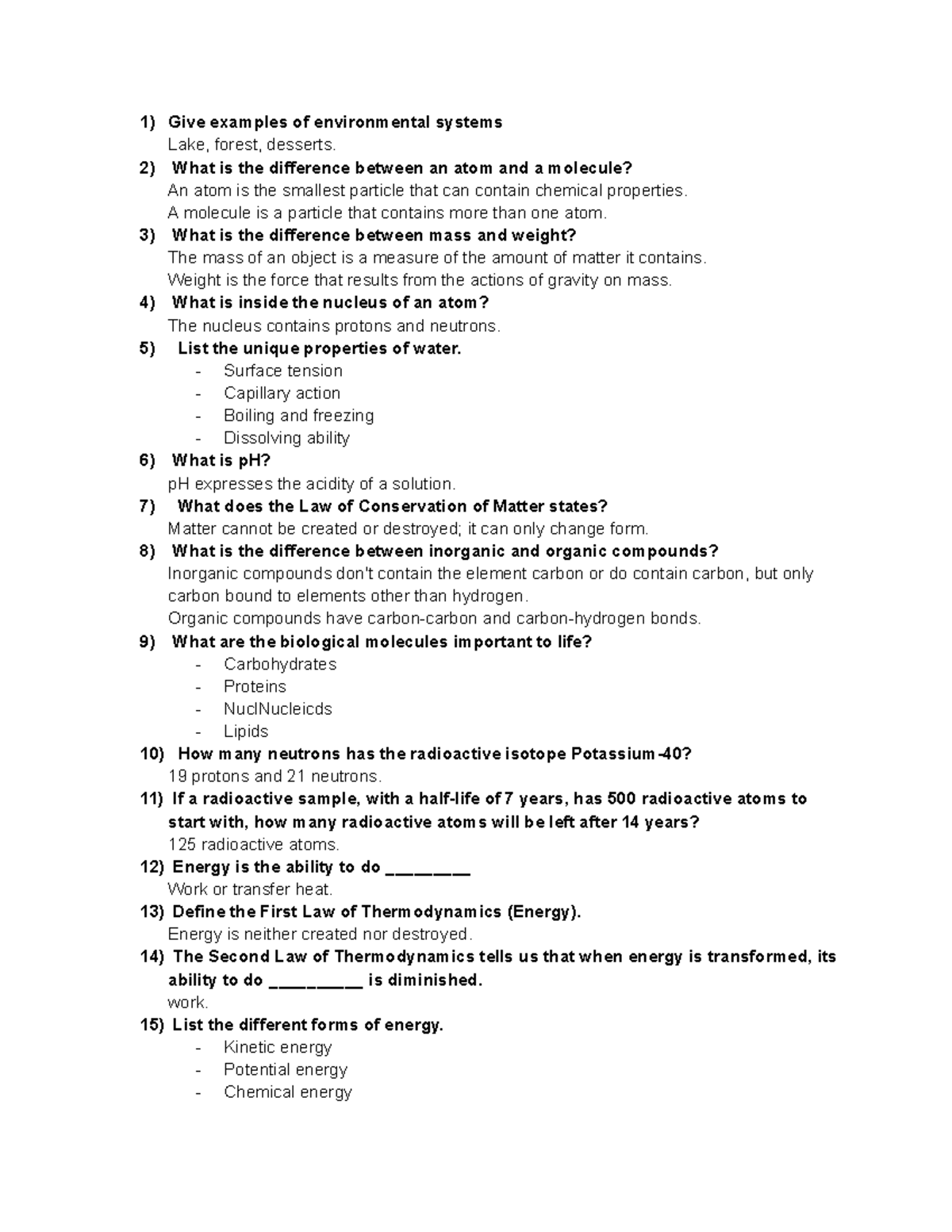 Chapter 2: Matter, Energy, and Change - Environmental Systems Summary ...