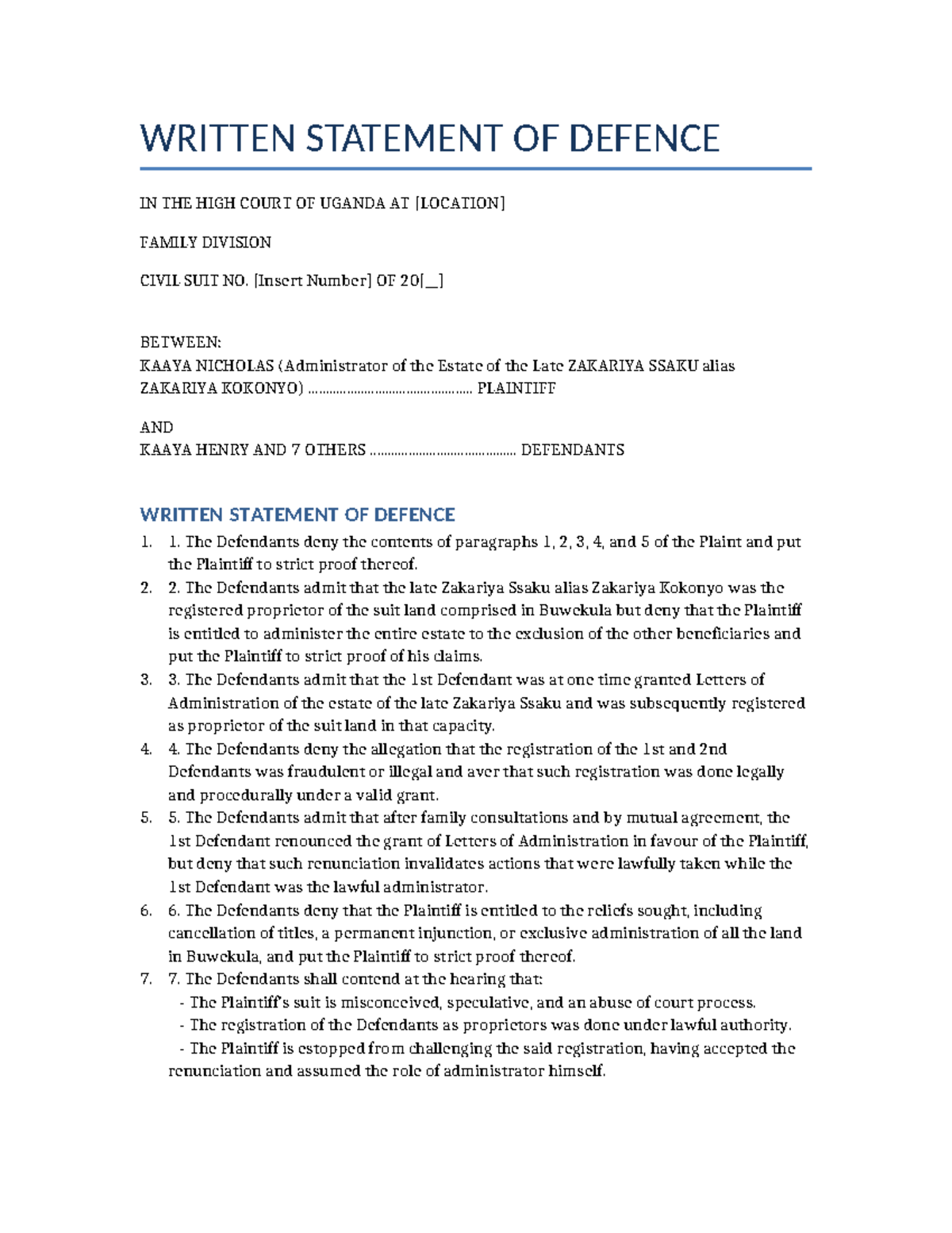 Formal Written Statement of Defence: Kaaya Case - High Court Uganda ...