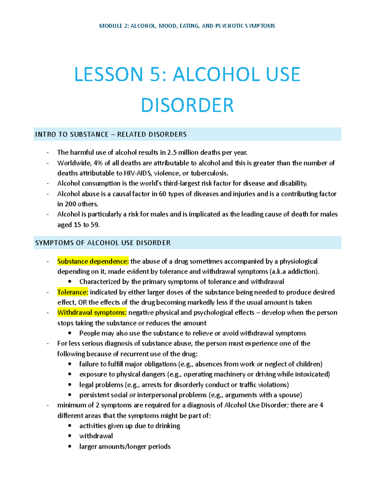 Module 2 Lesson Notes: Alcohol Use Disorder (Weeks 5-8) - Studocu