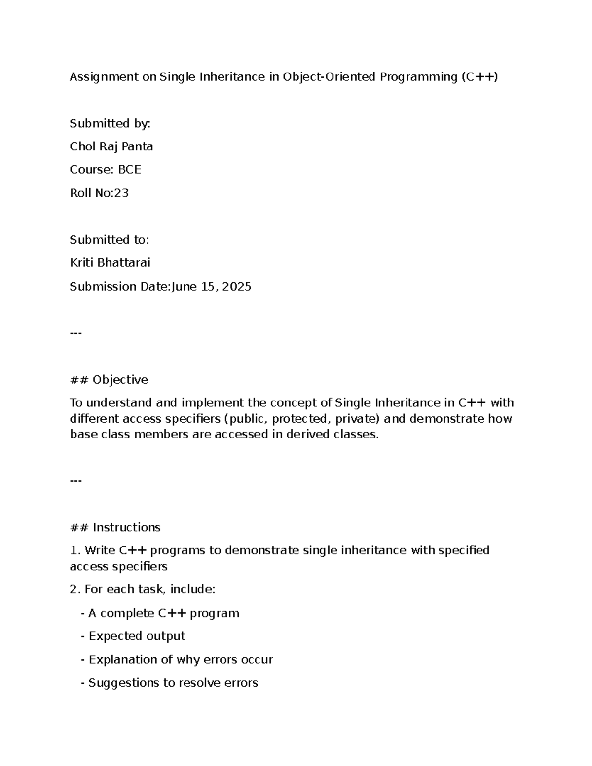 BCE Assignment: Single Inheritance with Access Specifiers - Studocu