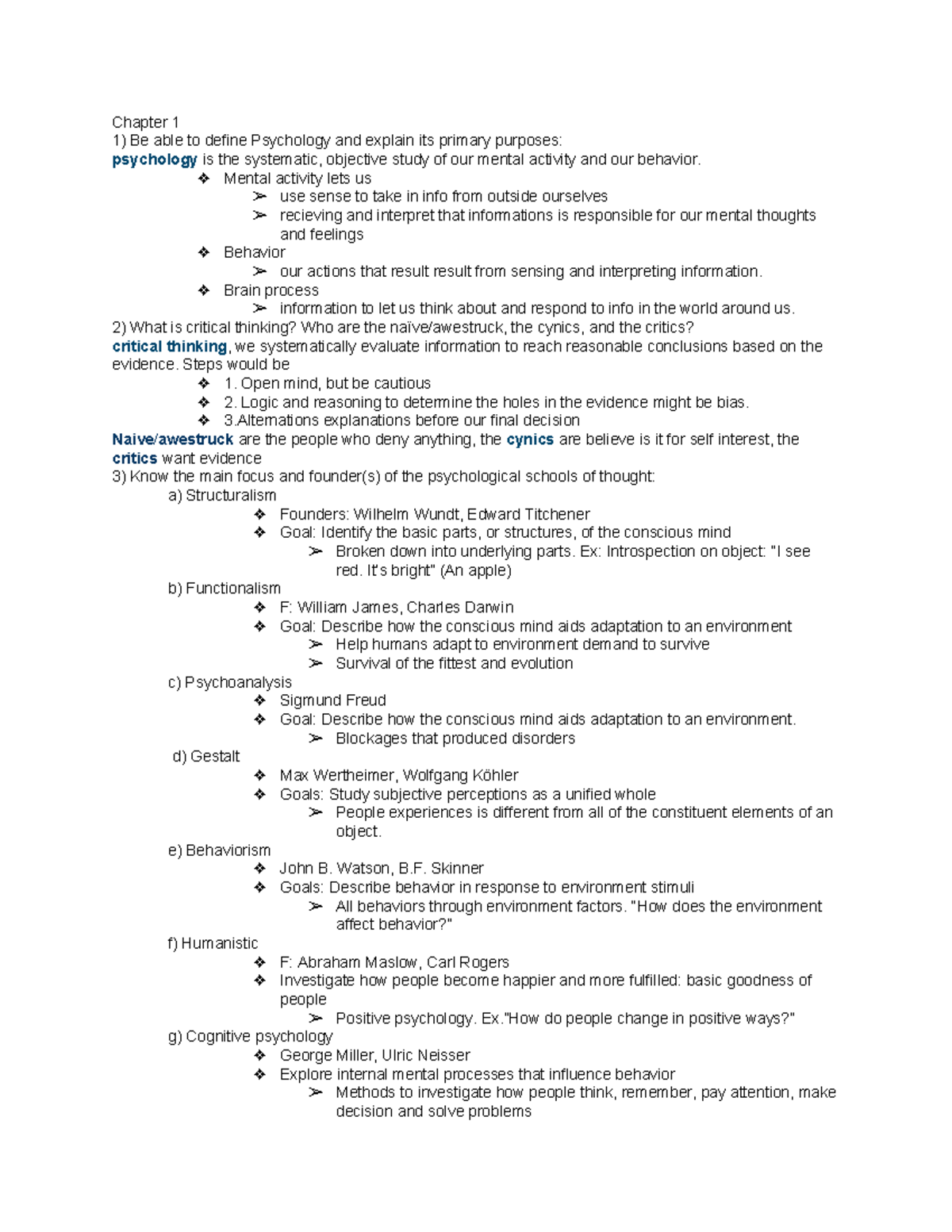 PSYC-100 Exam #1 - Lecture notes 1-5.5 - Chapter 1 Be able to define ...