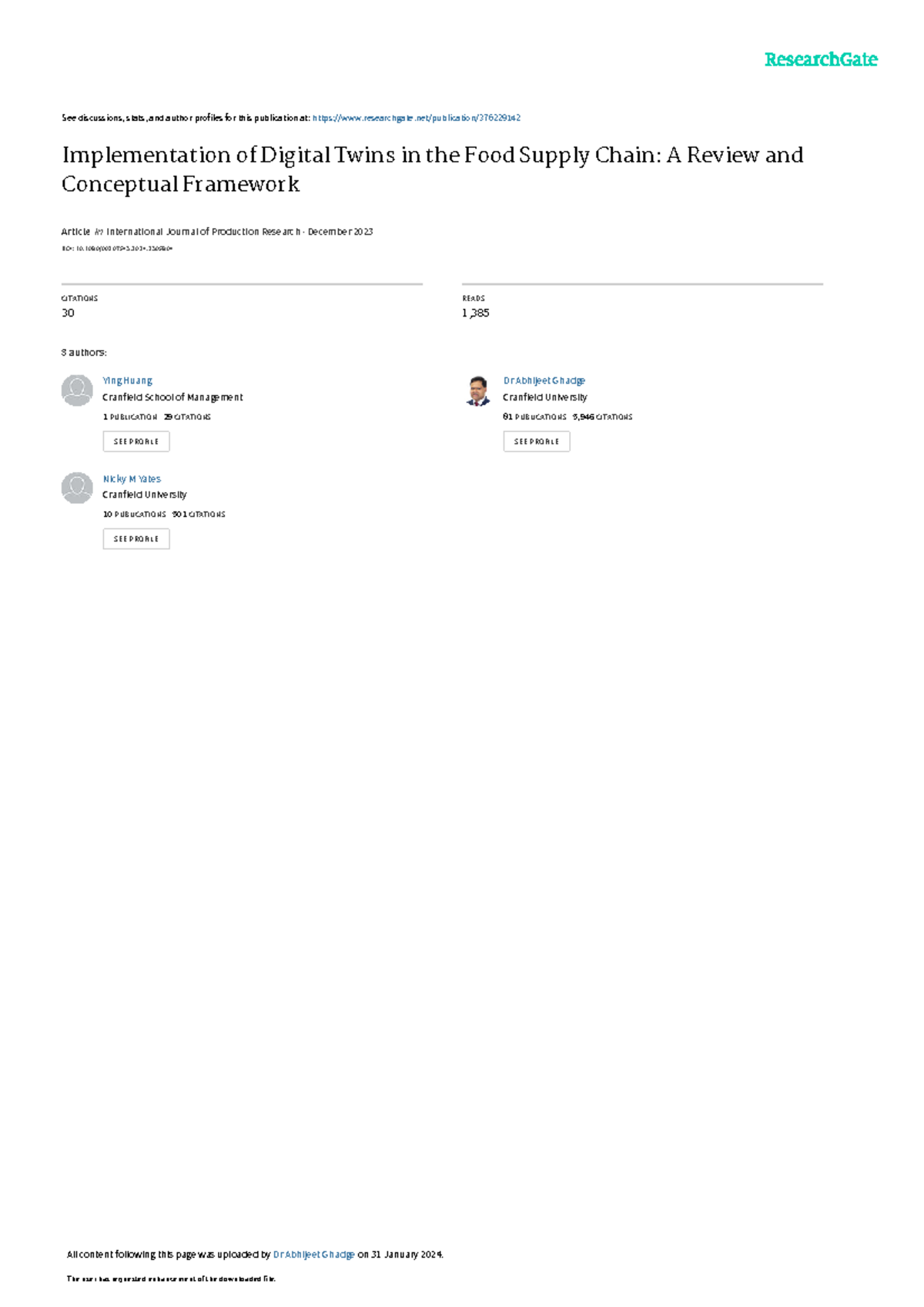 Implementation of Digital Twins in Food Supply Chain: A Review and ...