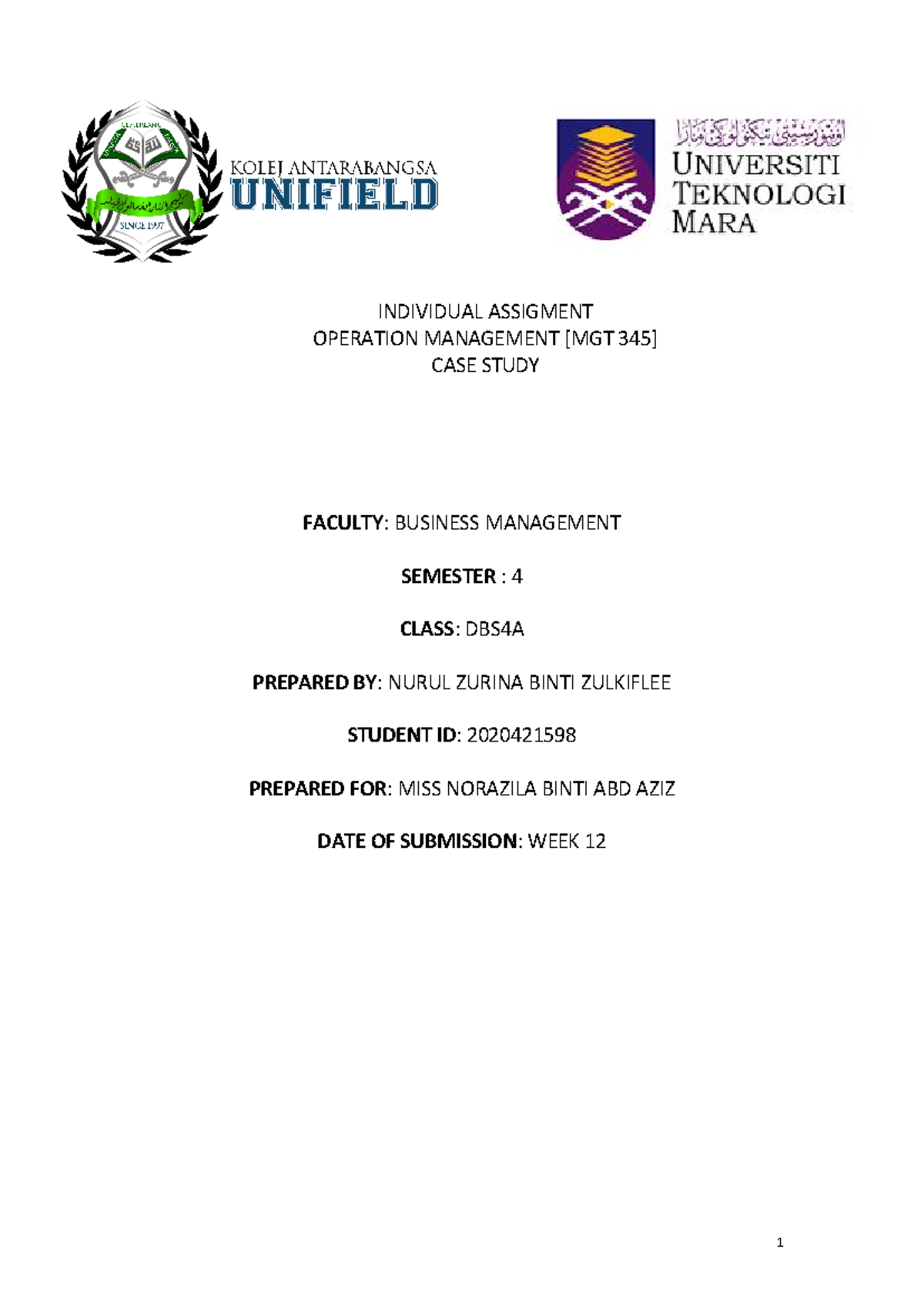 CASE Study operation management - FACULTY: BUSINESS MANAGEMENT SEMESTER ...
