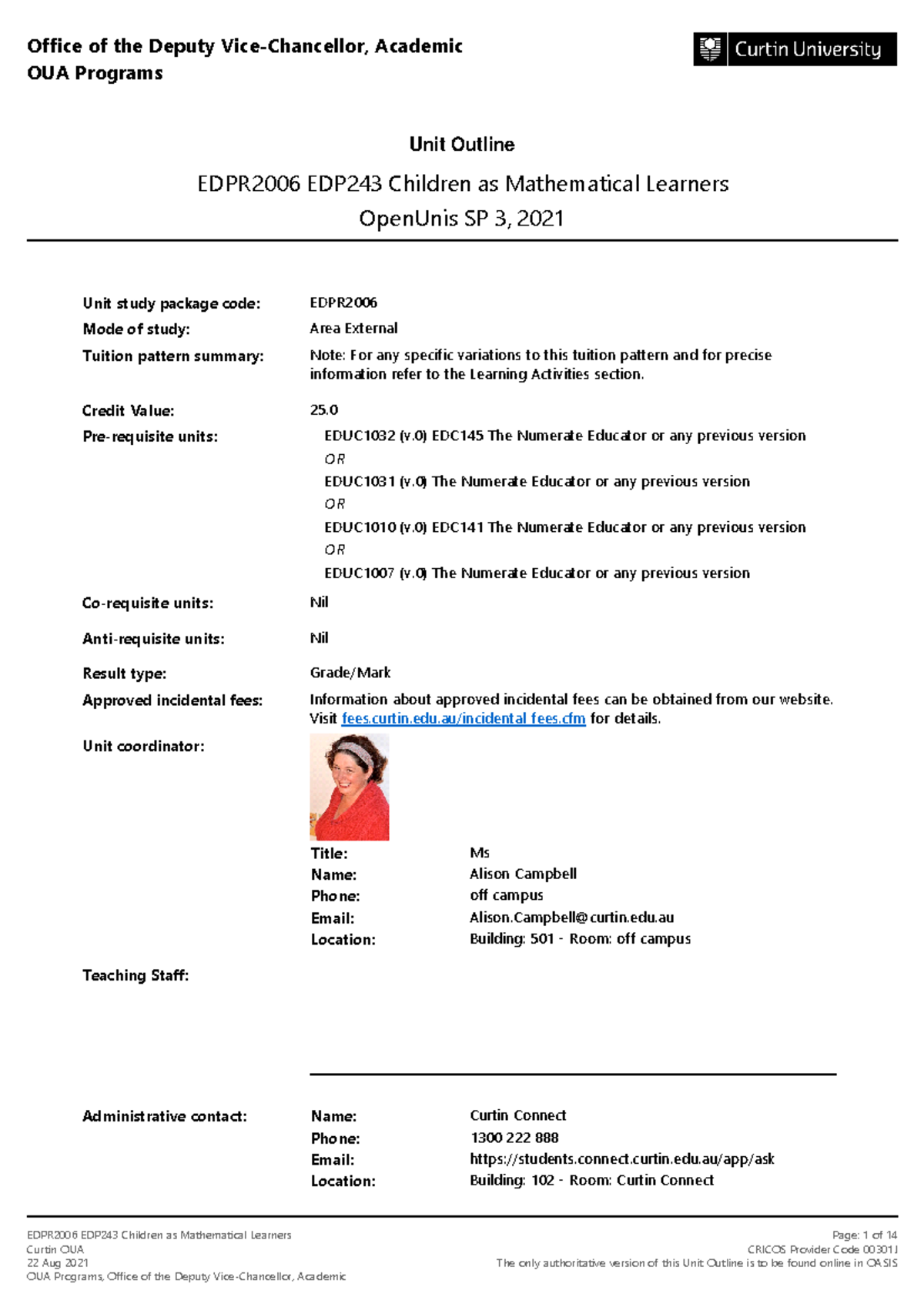 EDP243 Children's Mathematical Learning: EDPR2006 Unit Outline - Studocu