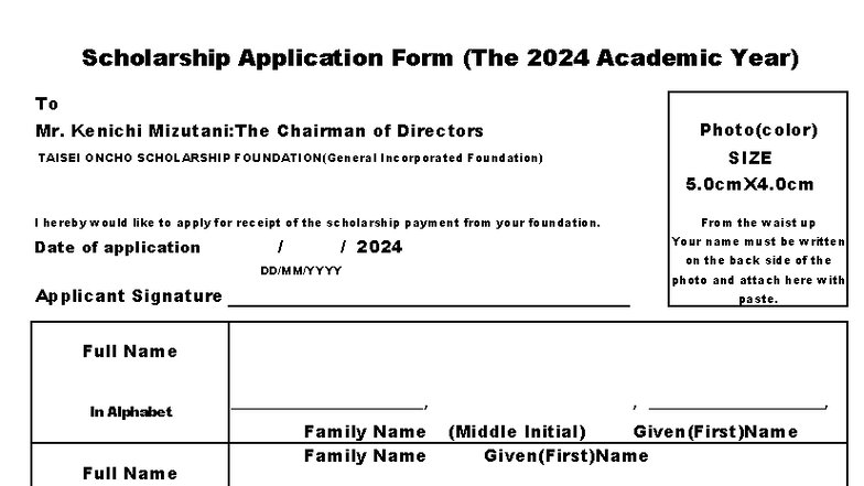 Scholarship Application Form 2024 for Taisei Oncho Foundation - Studocu