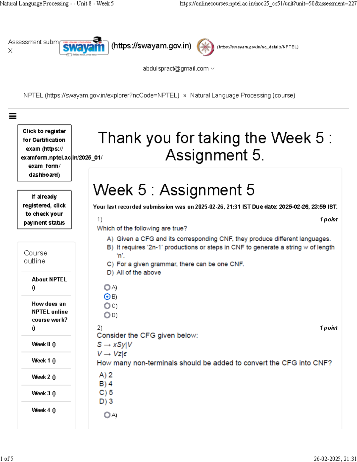 Natural Language Processing: Week 5 - Assignment 5 (NPTEL) - Studocu