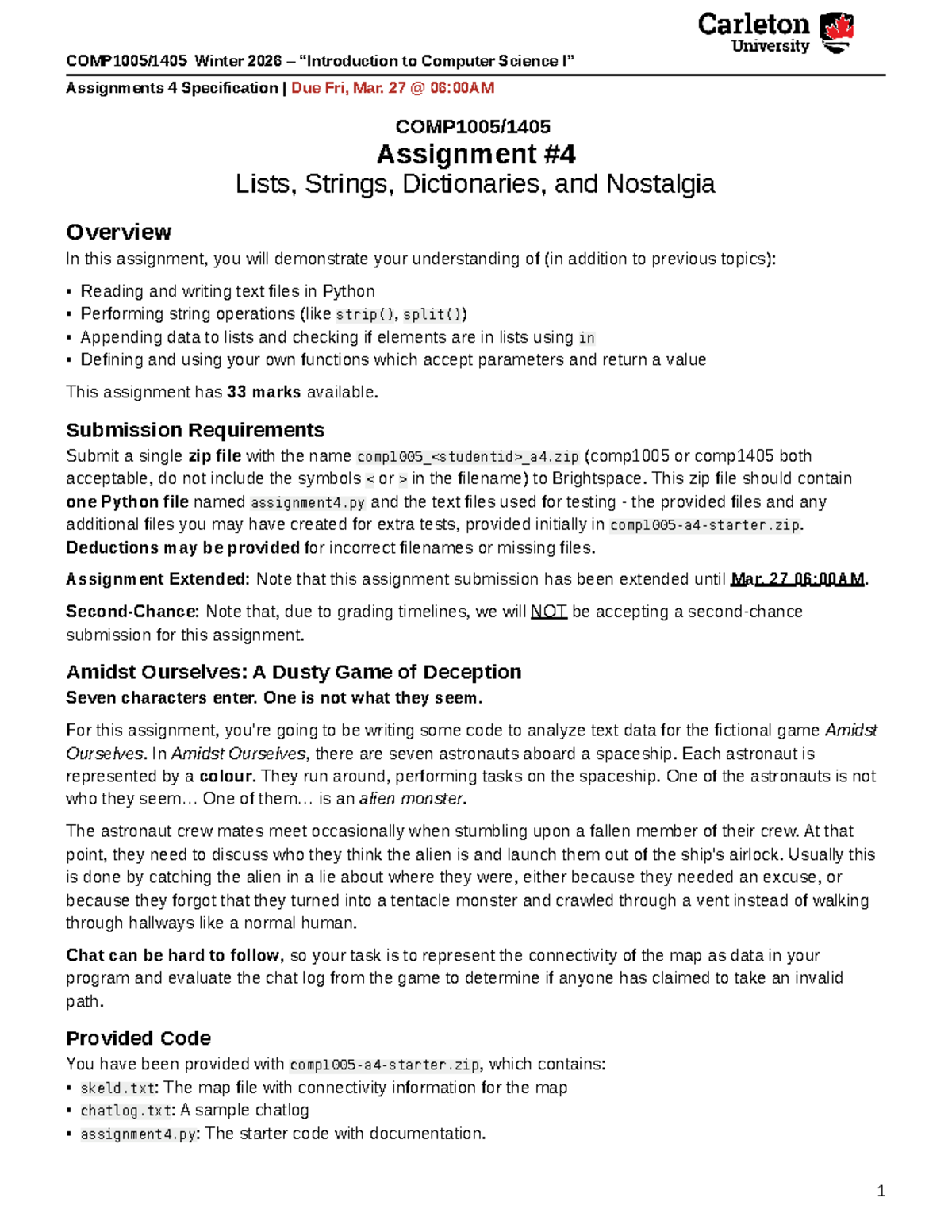 Winter 2026 COMP1005/COMP1405 Assignment 4 Specification & Overview ...