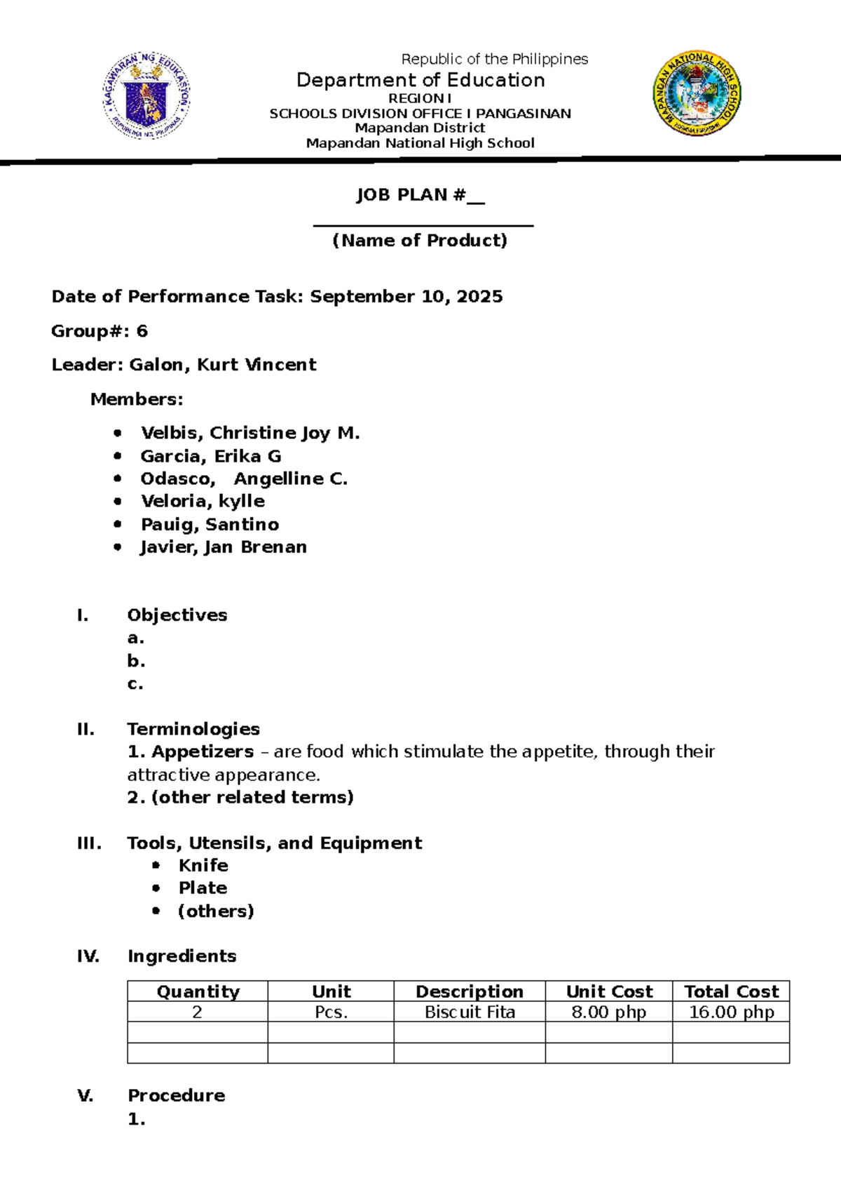 JOB PLAN for Cookery NC II Performance Task - Mapandan National HS ...