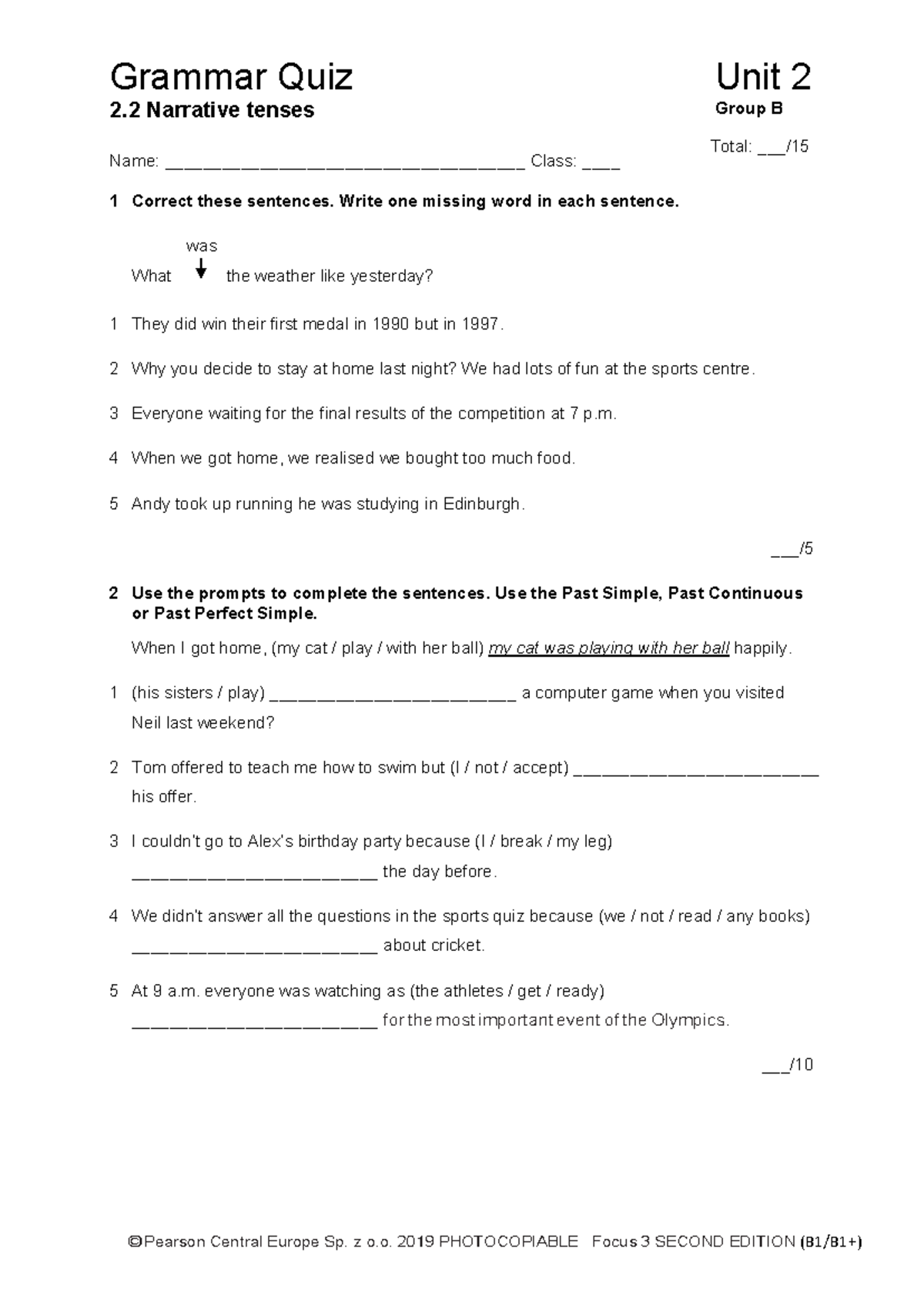 Focus 3 2E Grammar Quiz: Unit 2 Narrative Tenses - Studocu