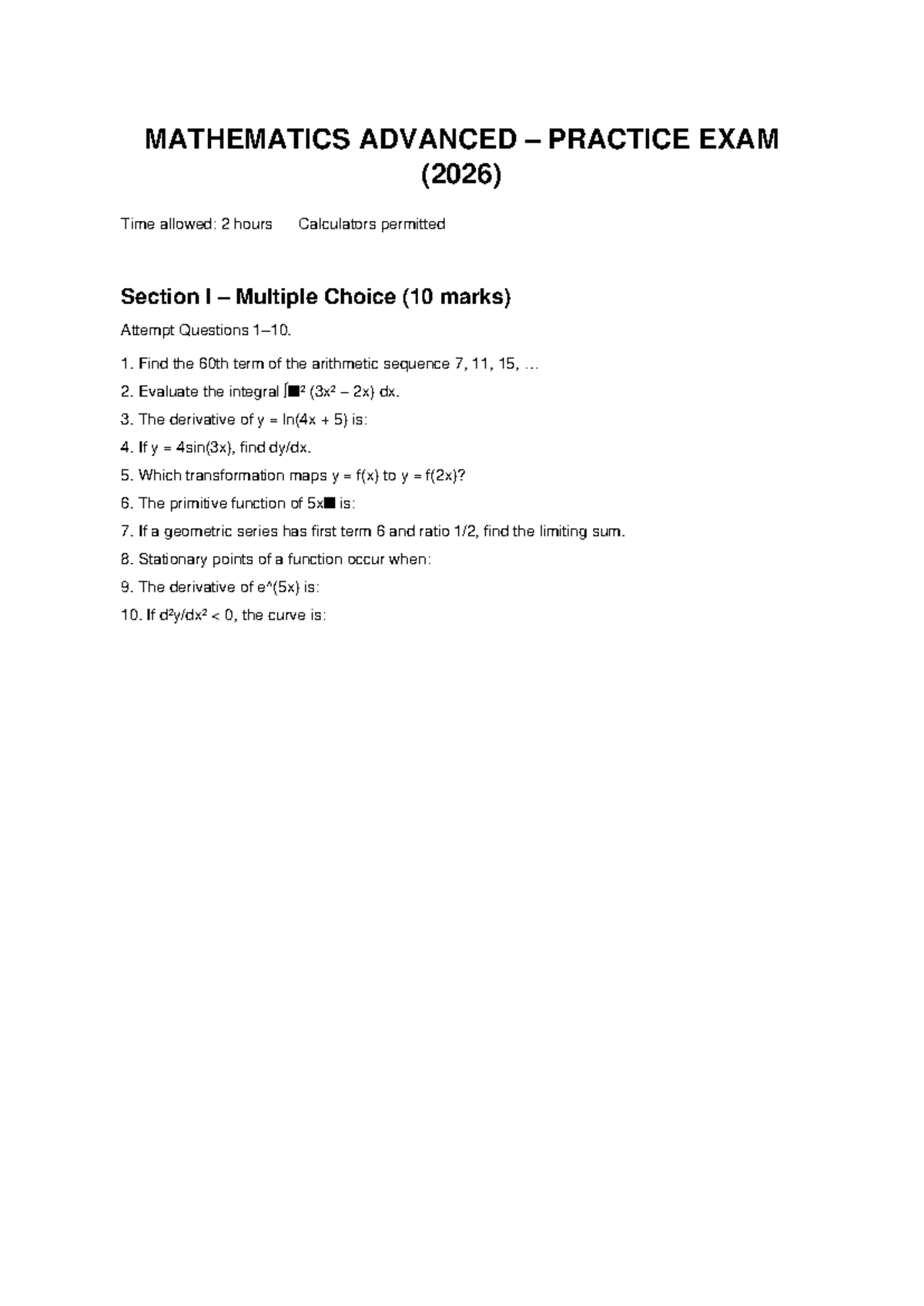 2026 Advanced Mathematics Practice Exam: Key Questions & Solutions ...