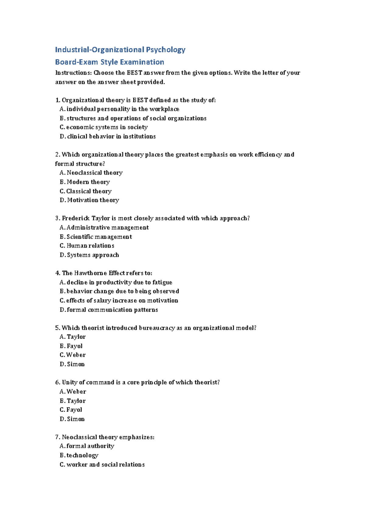 Psychology 101: Practice Exam Instructions and Questions - Studocu