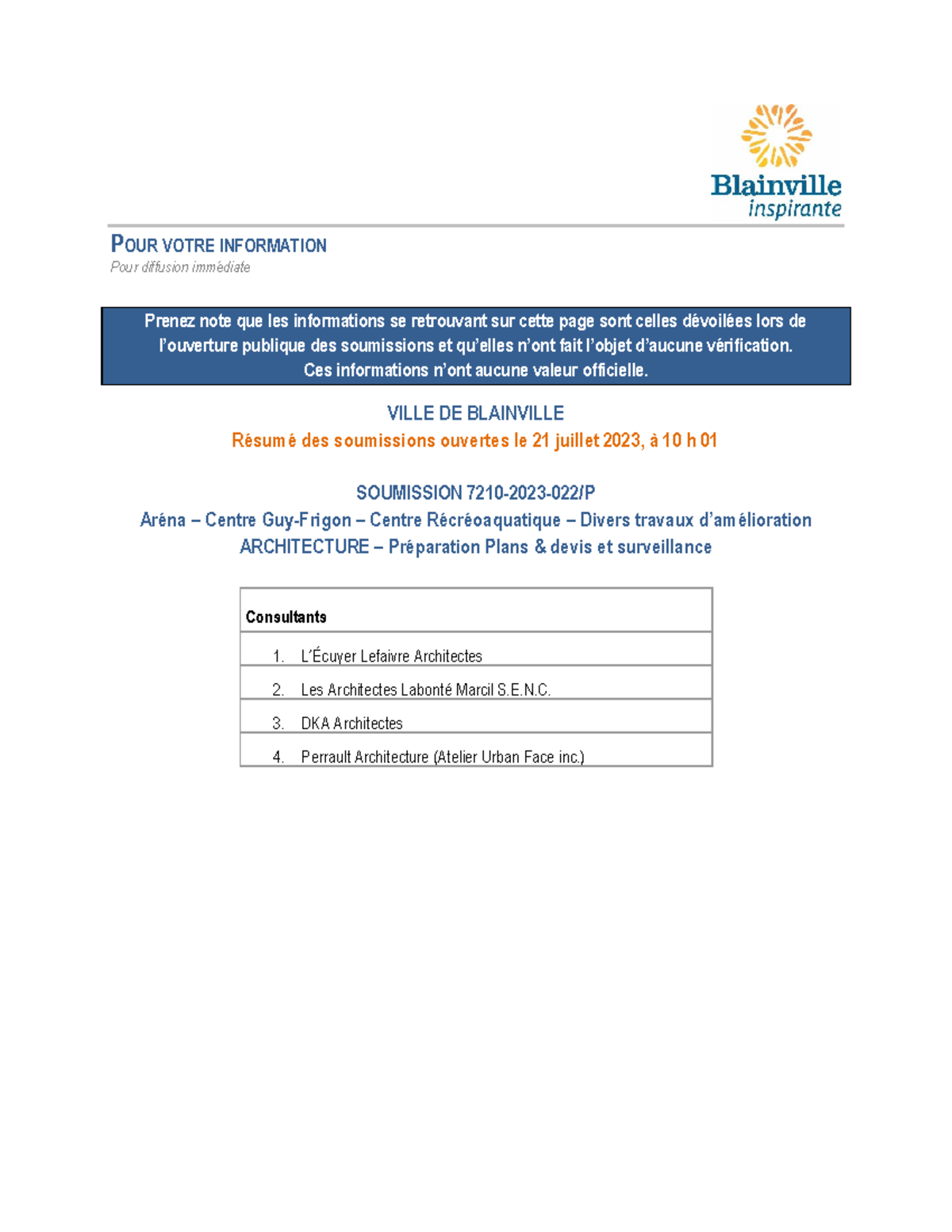 2023-022 resume soumission-Web - POUR VOTRE INFORMATION Pour diffusion ...
