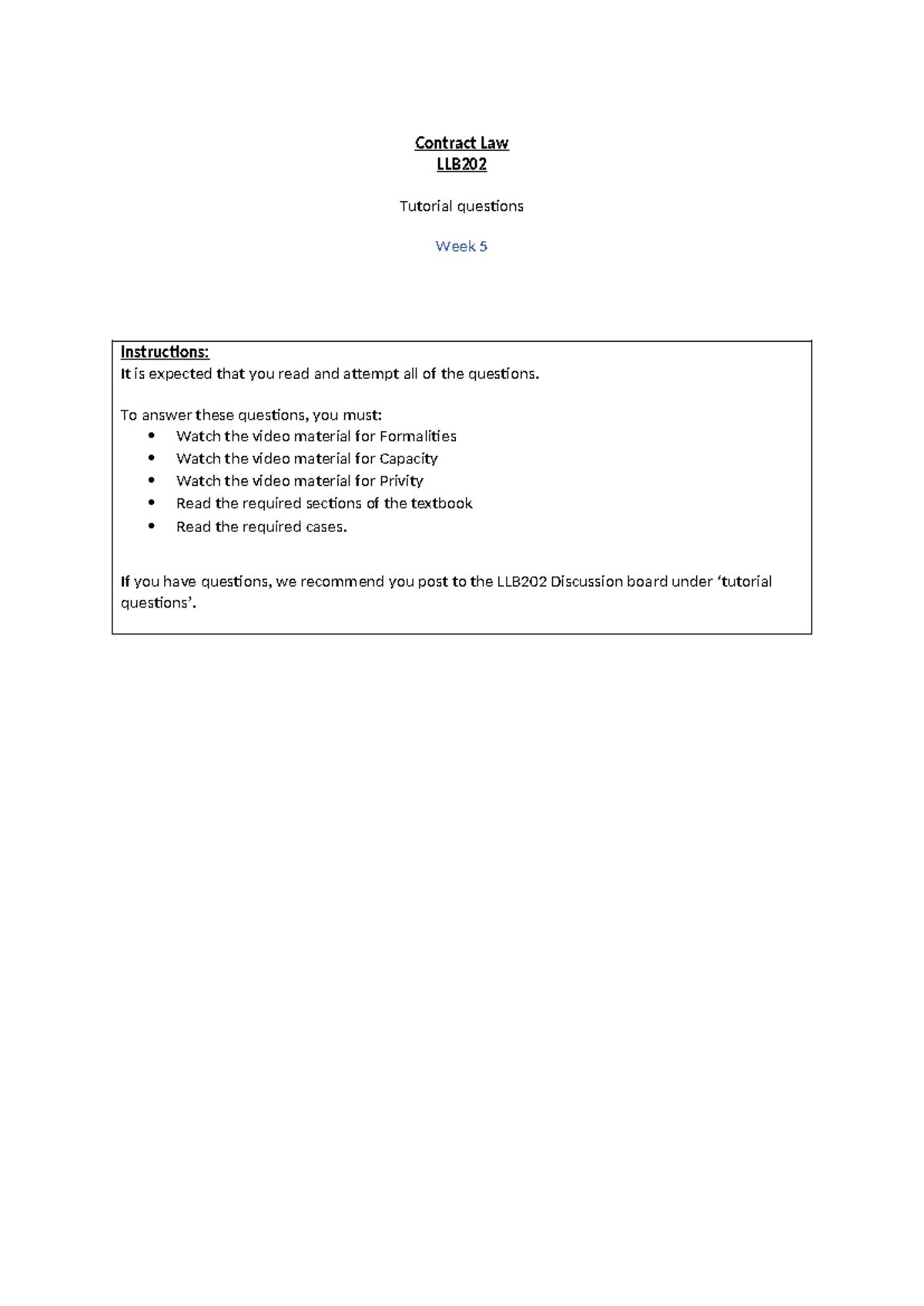 LLB202 W5 Contract Law Tutorial Questions - Analysis & Guidance - Studocu