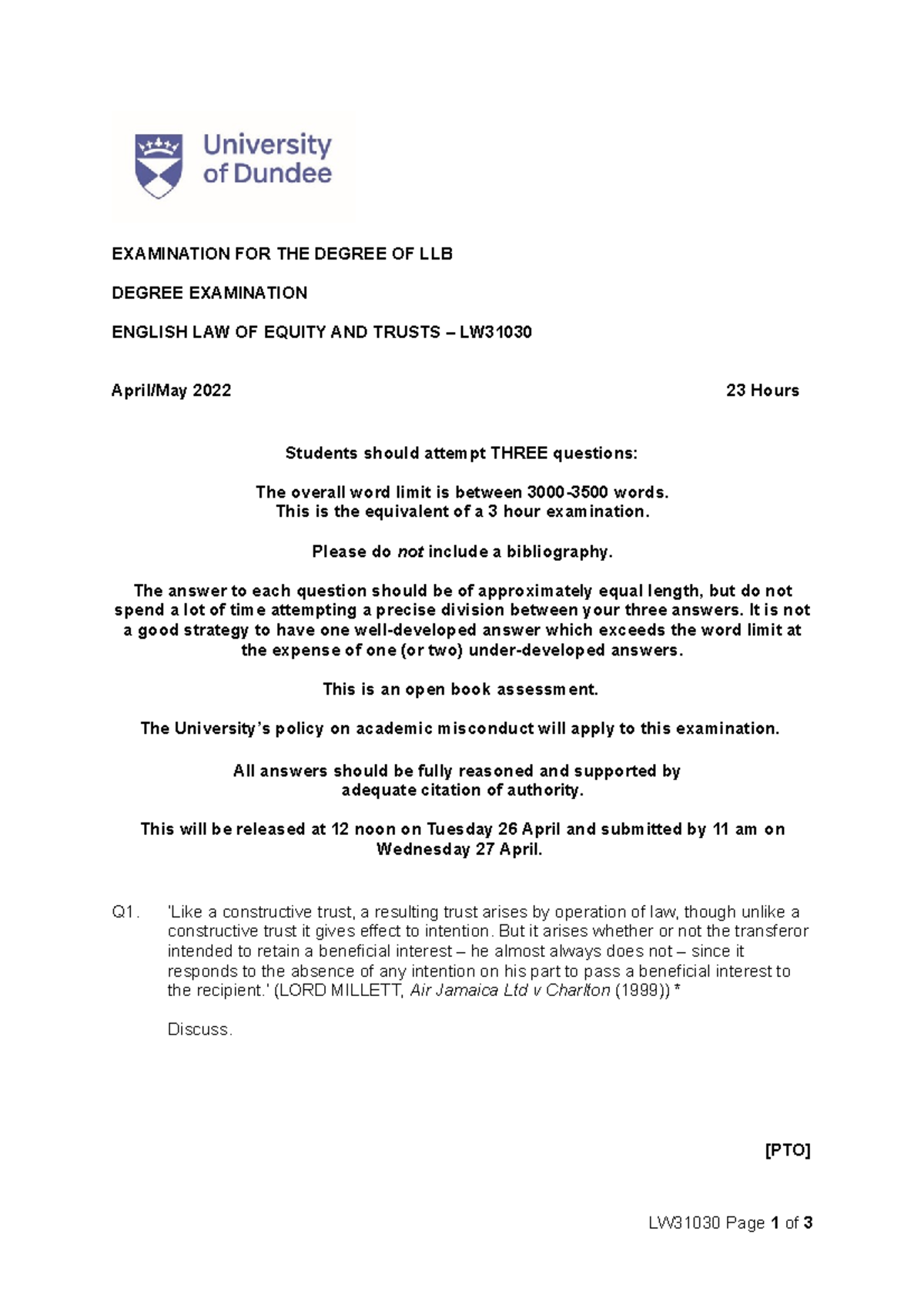 LW31030 - Equity & Trusts Exam 2022 - EXAMINATION FOR THE DEGREE OF LLB ...