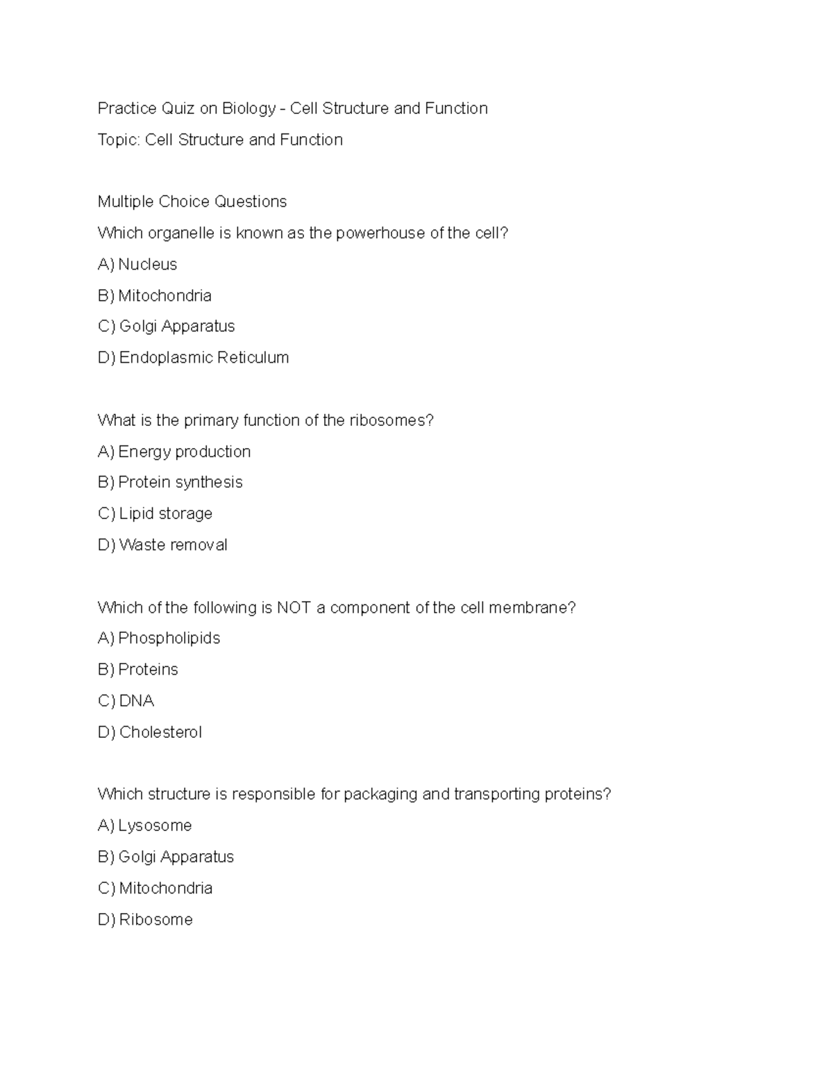 Practice Quiz on Biology Cell Structure and Function - Practice Quiz on ...