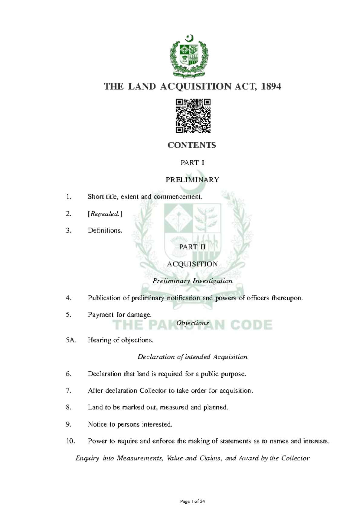 Land Acquisition Act, 1894: Comprehensive Overview and Provisions - Studocu