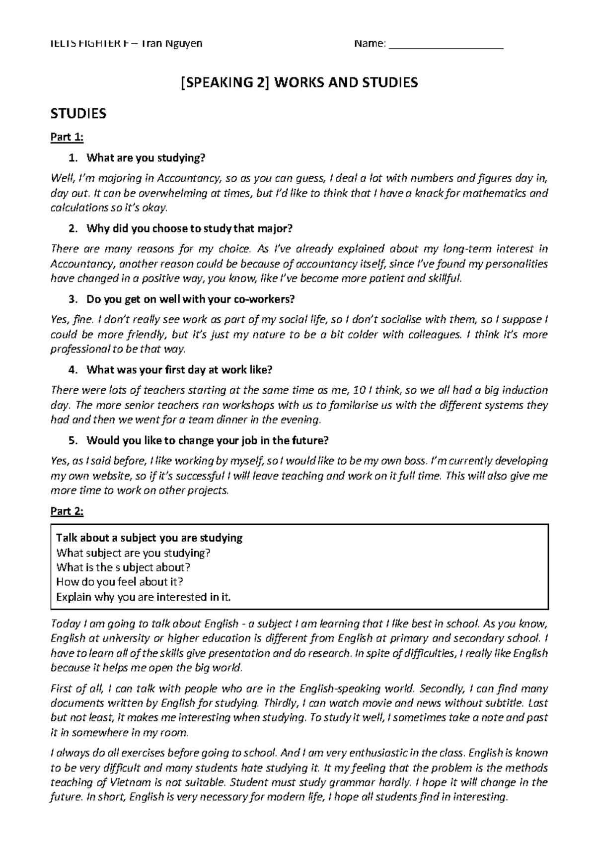 Speaking 2 - Sample Answers for Exam Preparation - Studocu