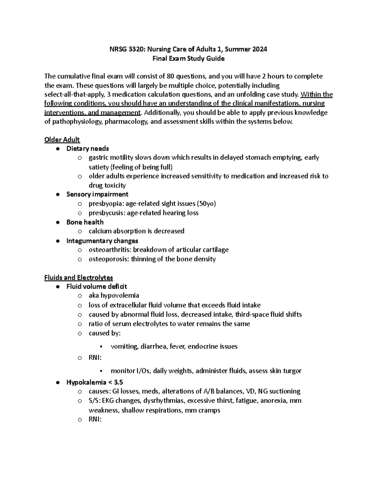 Final Exam Study Guide for NRSG 3320: Nursing Care of Adults - Studocu