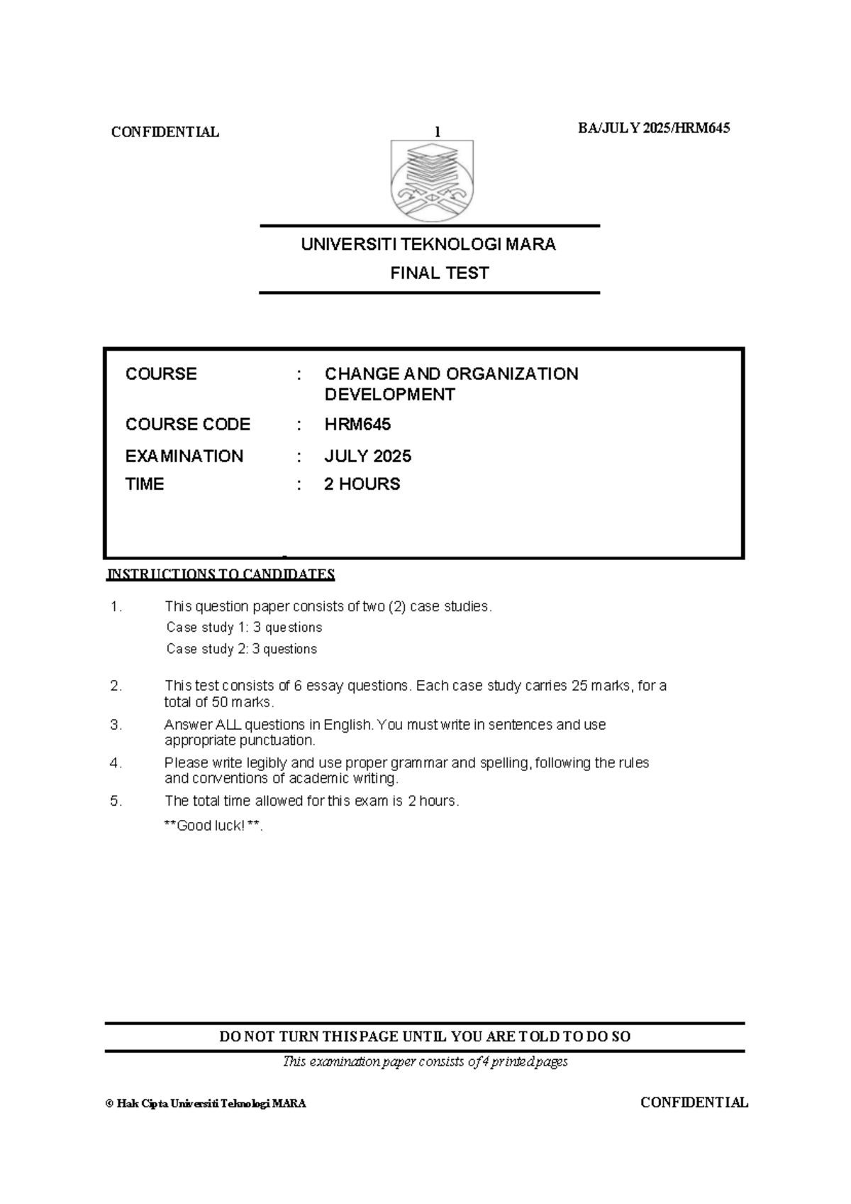 HRM645 Final Test: Change & Organization Development Case Studies - Document Preview