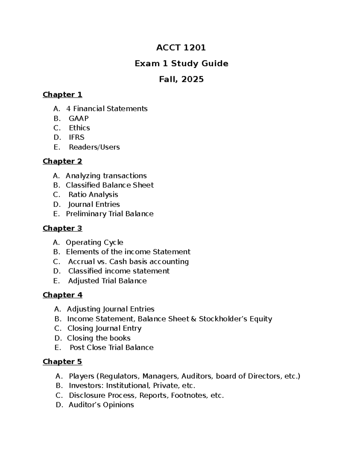 ACCT 1201 Fall 2025 Exam 1 Study Guide: Financial Statements & More ...
