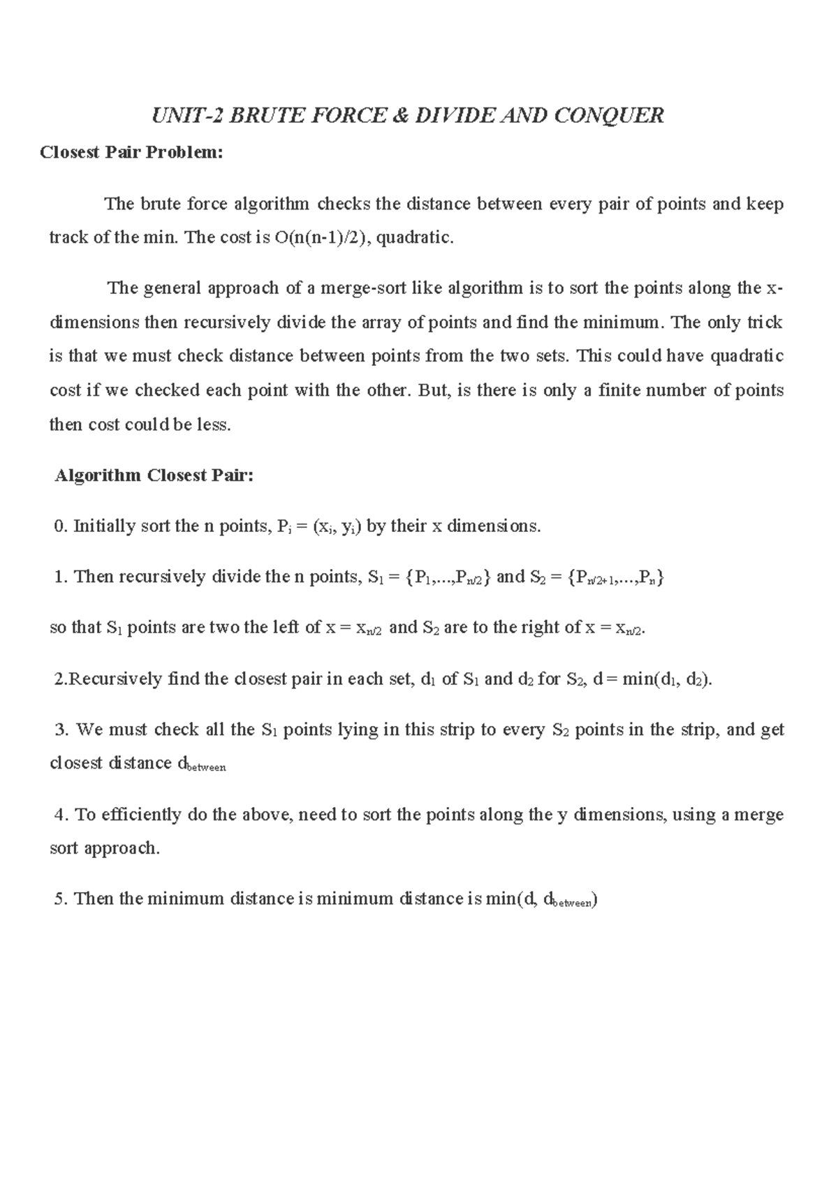 Closest Pair Problem - Brute Force & Divide and Conquer Notes - Studocu