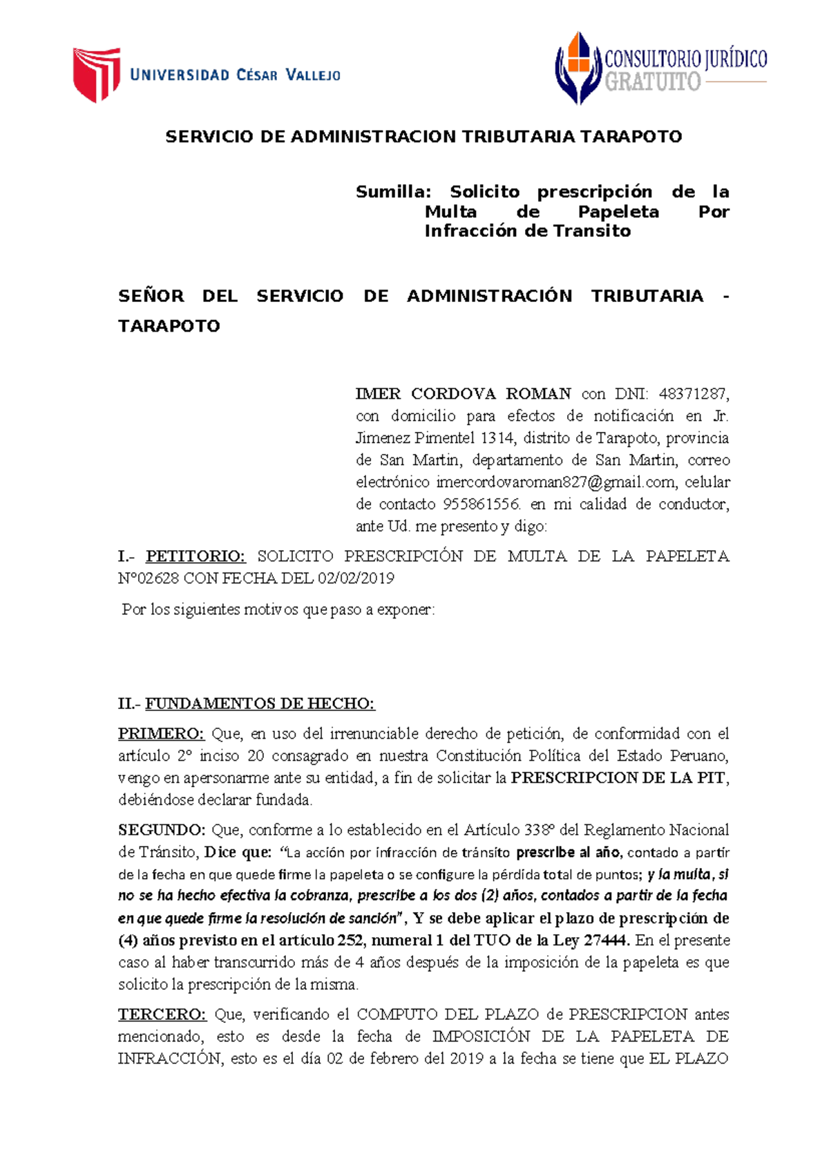 Solicitud de Prescripción de Multa de Papeleta de Infracción - Tarapoto - Document Preview