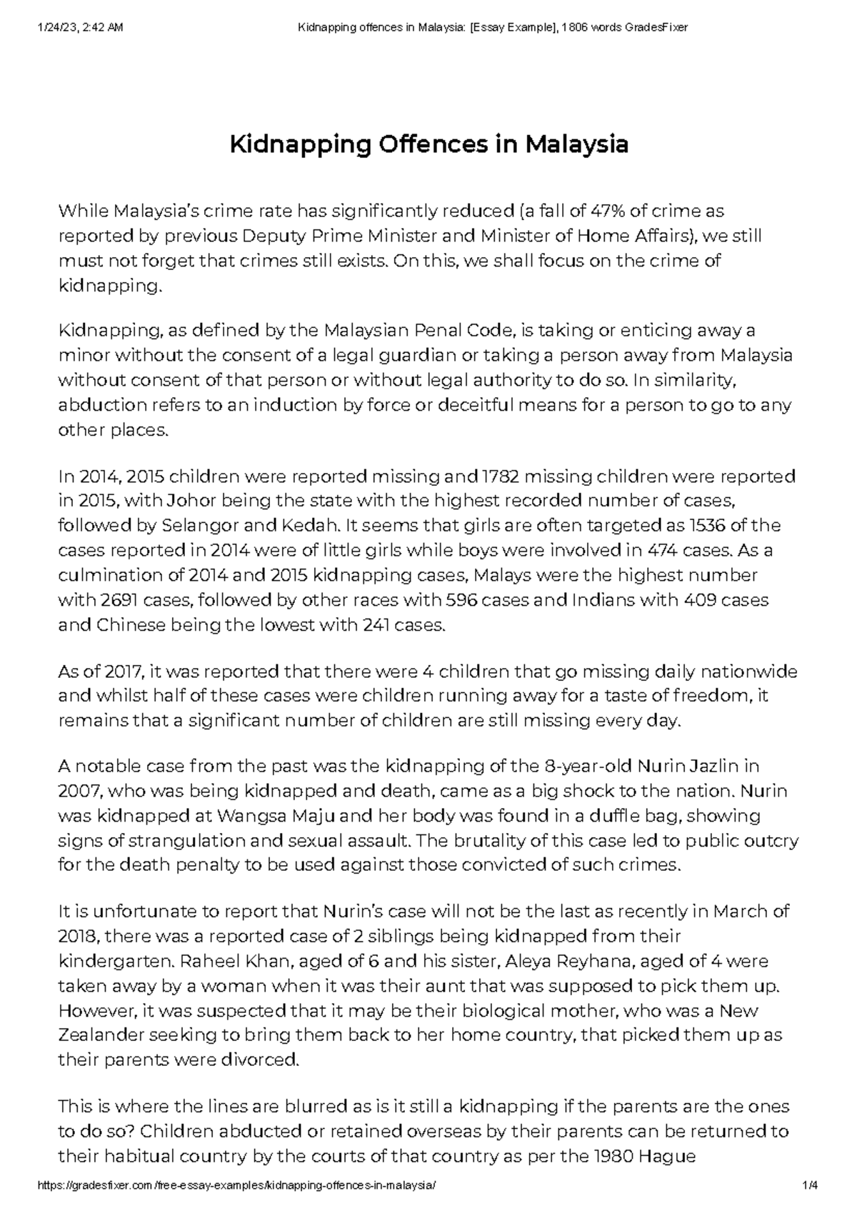 Kidnapping offences in Malaysia [Essay Example] - Kidnapping Offences ...