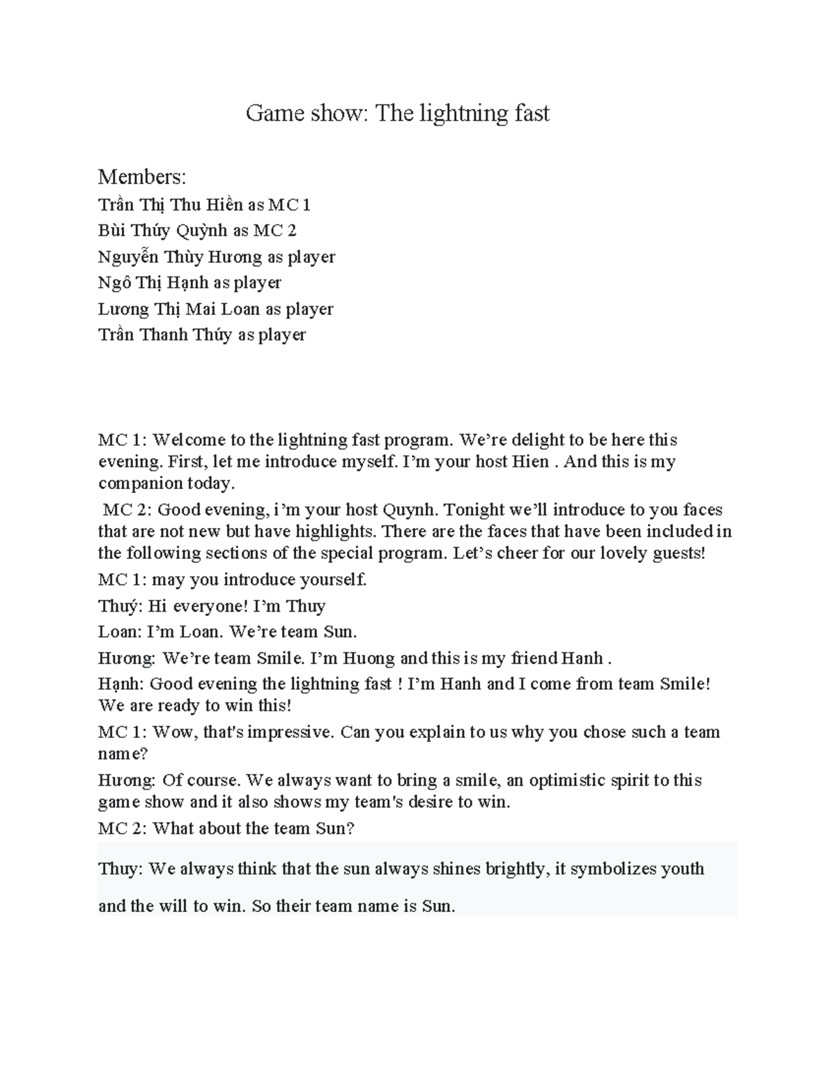 Game Show Script: The Lightning Fast (MCs & Players) - Studocu