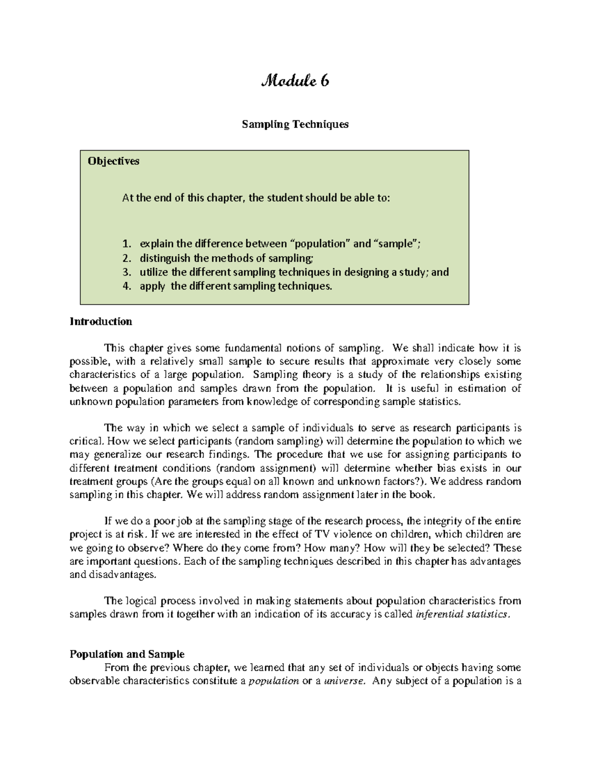 Module 6 - Overview of Sampling Techniques and Methods - Studocu