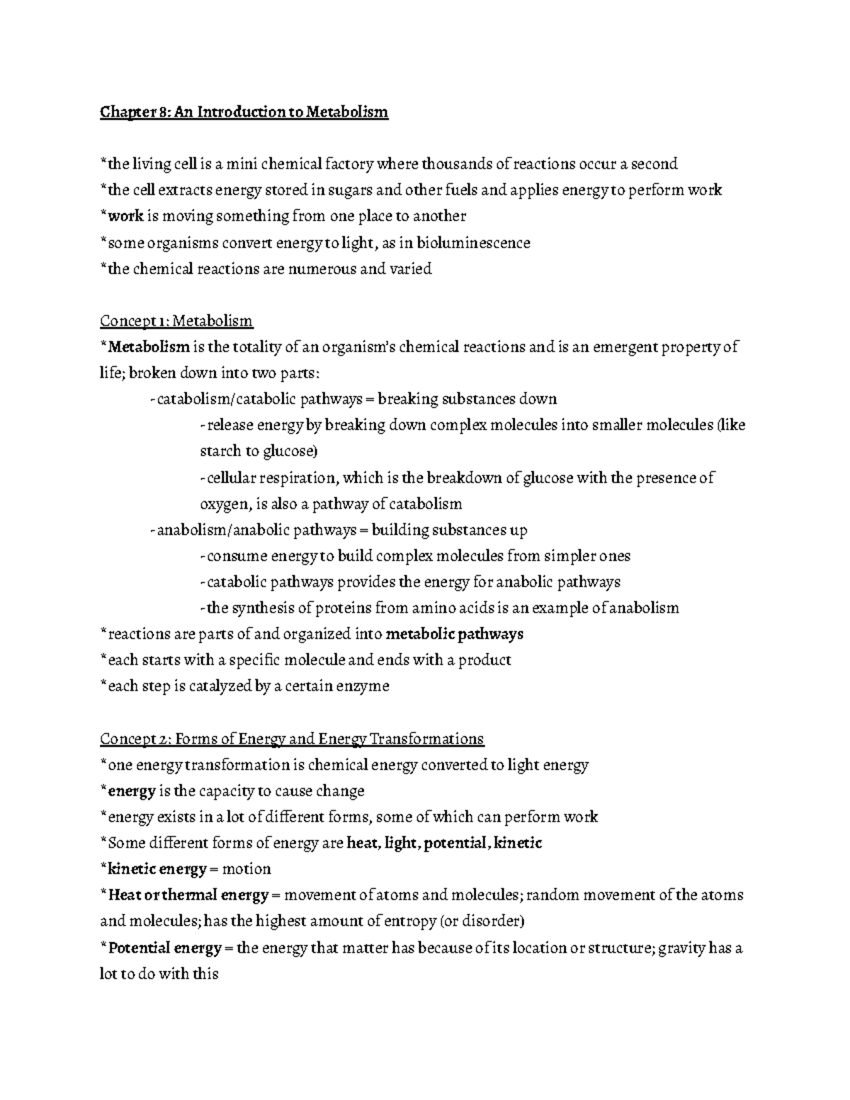 Prof Wilson Chapter 8 Notes - Chapter 8: An Introduction to Metabolism ...