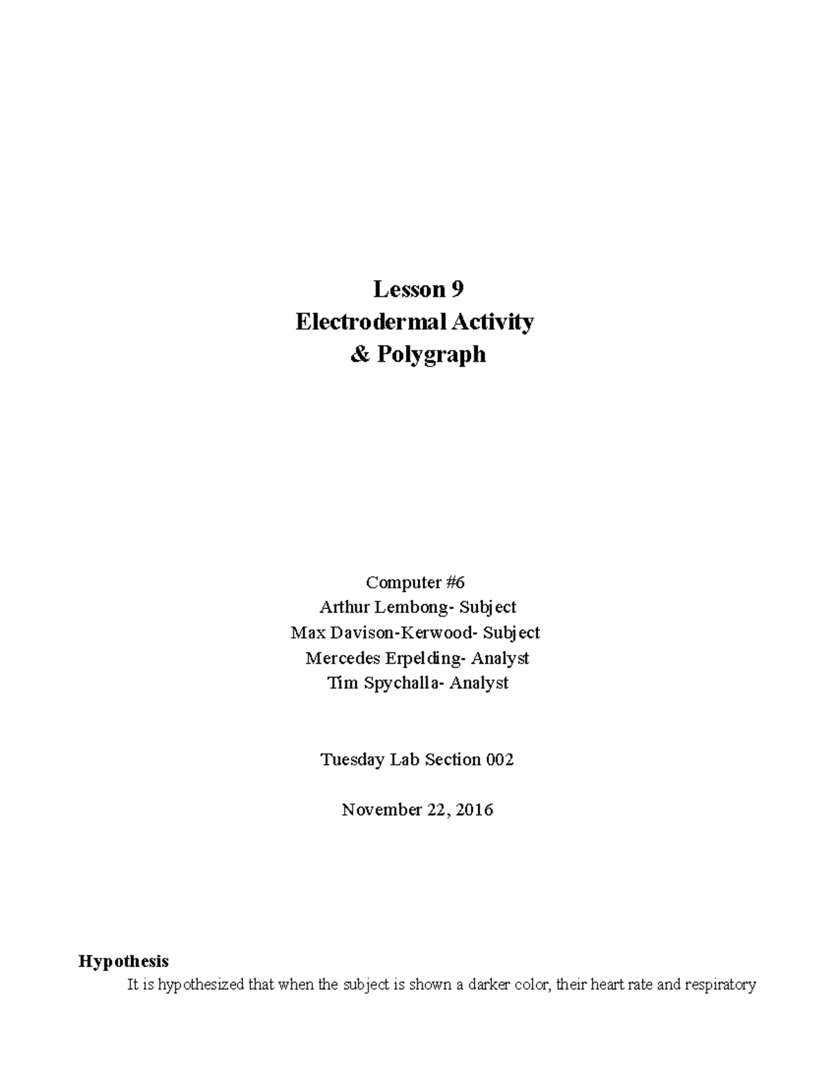 Lab 9 - Lesson 9 - Lab Report - Lesson 9 Electrodermal Activity ...