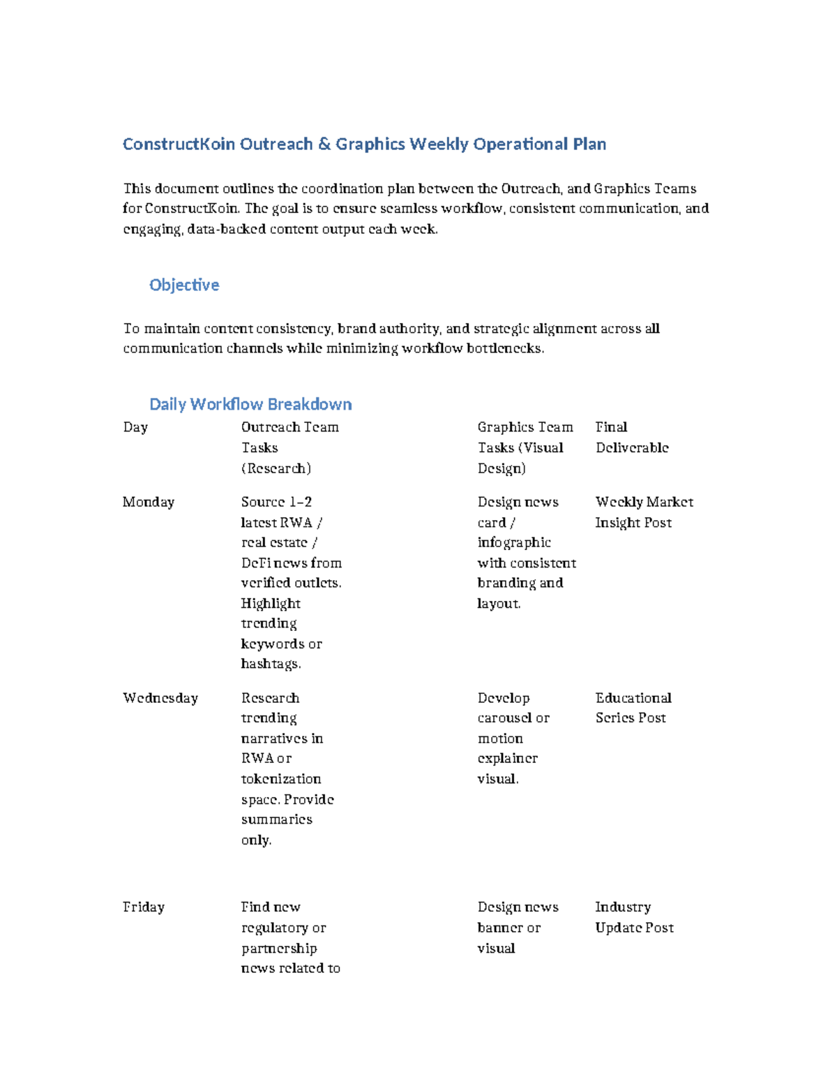 ConstructKoin Outreach & Graphics Weekly Ops Plan - Studocu