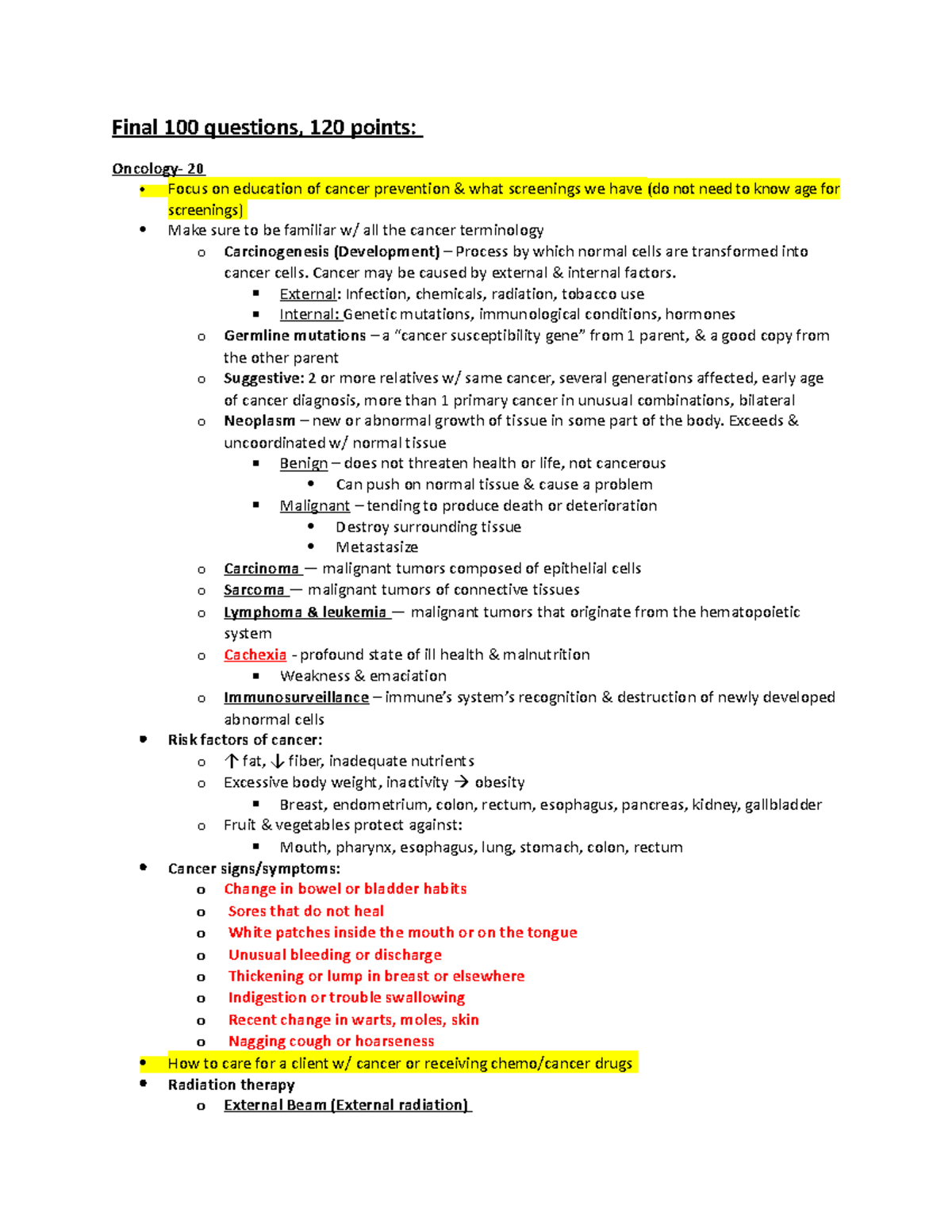 Med Surg 2 - Final Exam Study Guide: Cancer Care & IV Therapy - Studocu