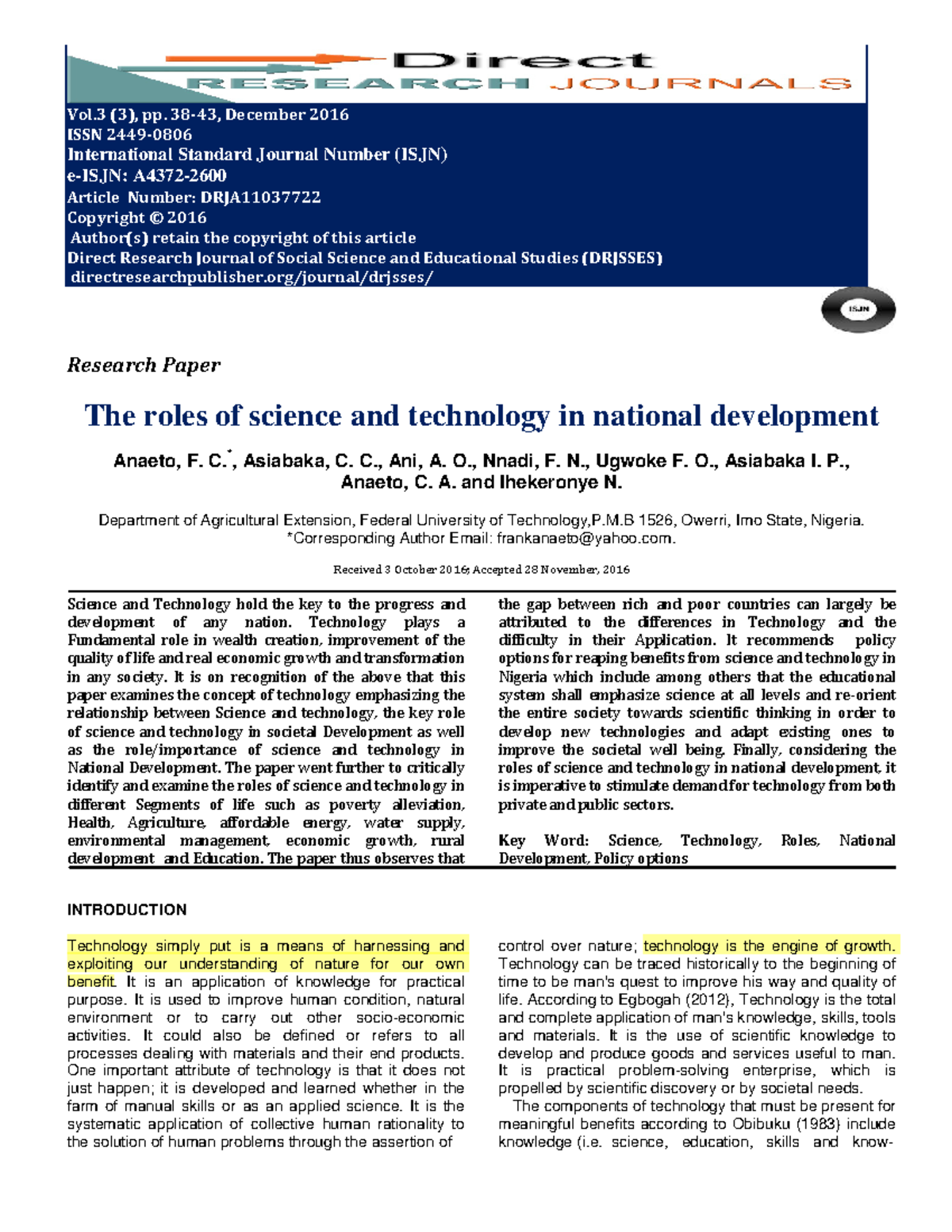 The Role of Science and Technology in National Development: A Study ...