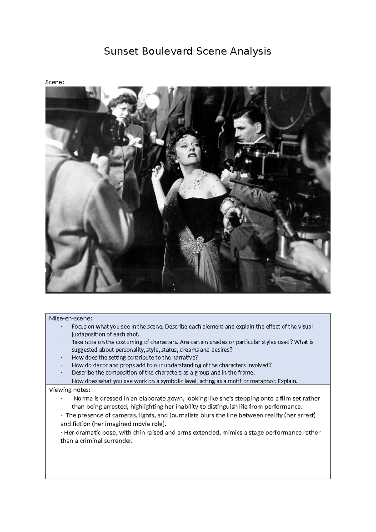 Sunset Boulevard Scene Analysis: Visual & Character Elements - Studocu