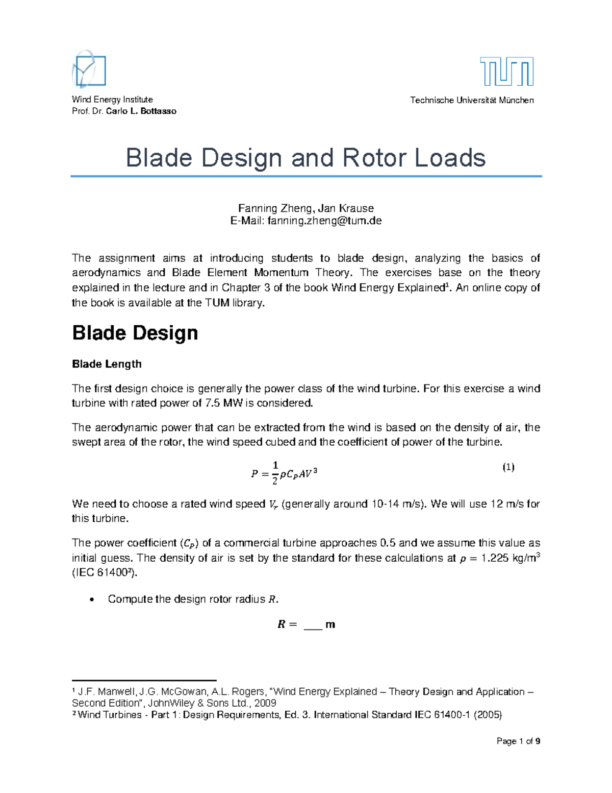 Blade Design and Rotor Loads - Exercise for Wind Energy (TUM) - Studocu