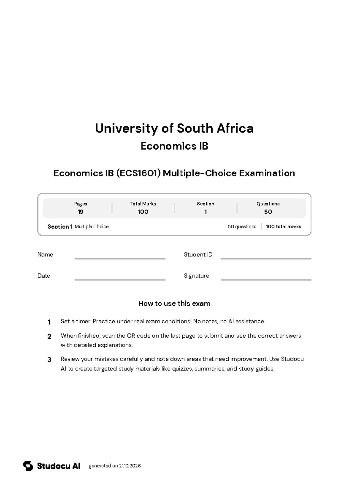 Economics IB (ECS1601) Multiple-Choice Exam - Studocu