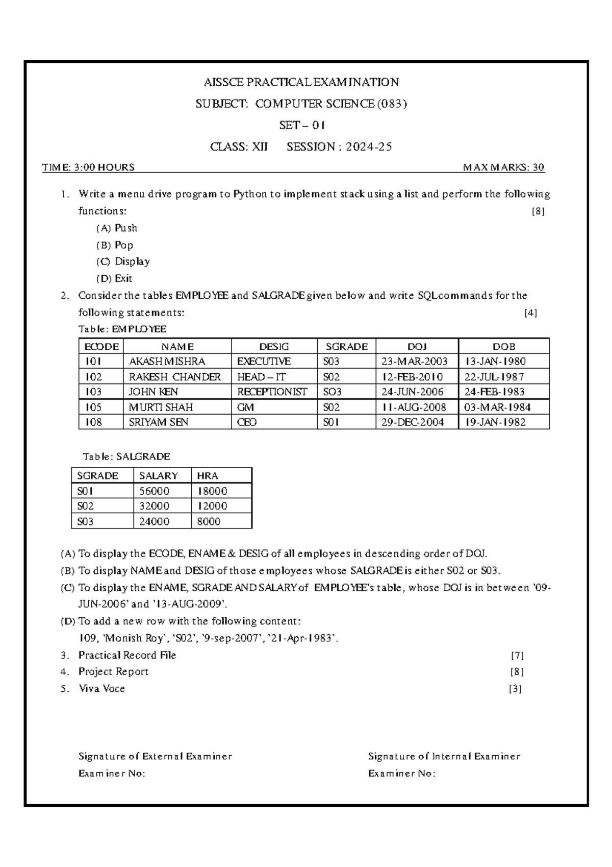SET-01 AISSCE Comp Sc Practical Exam 2025 QP - Class XII - Studocu