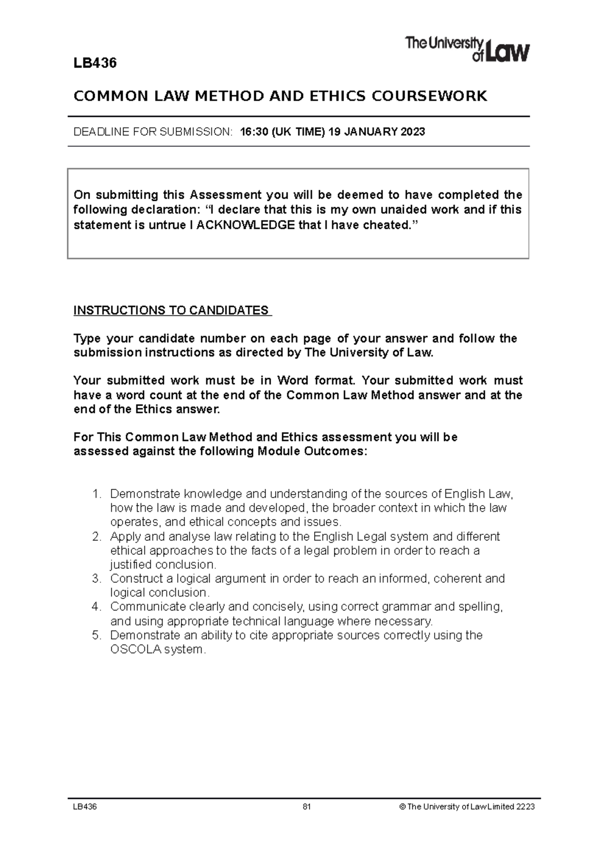 Common Law Method and Ethics Coursework - Studocu