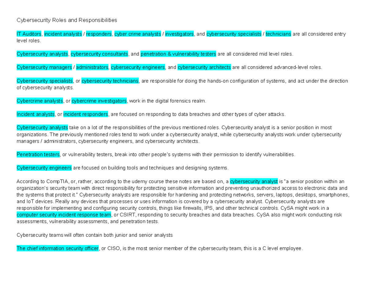 Cybersecurity Roles and Responsibilities - Cybersecurity analysts ...