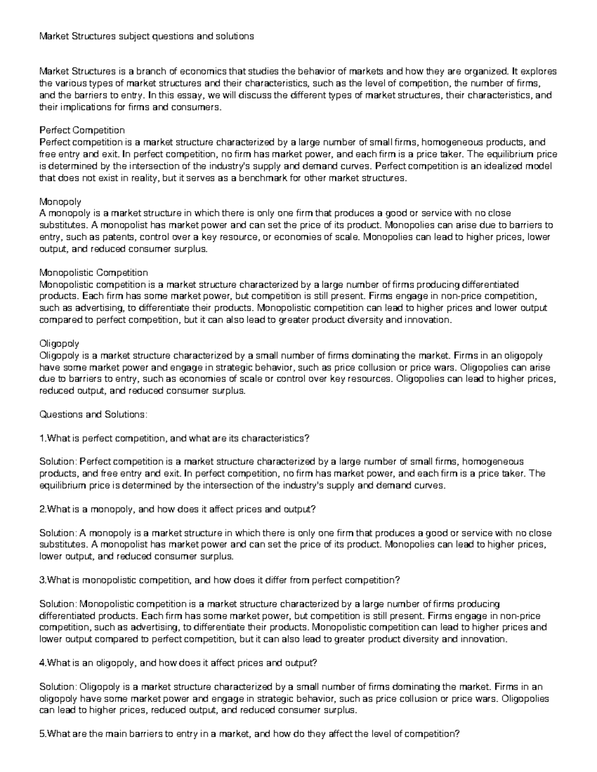 Market Structures: Key Questions & Solutions for Economics Study - Studocu