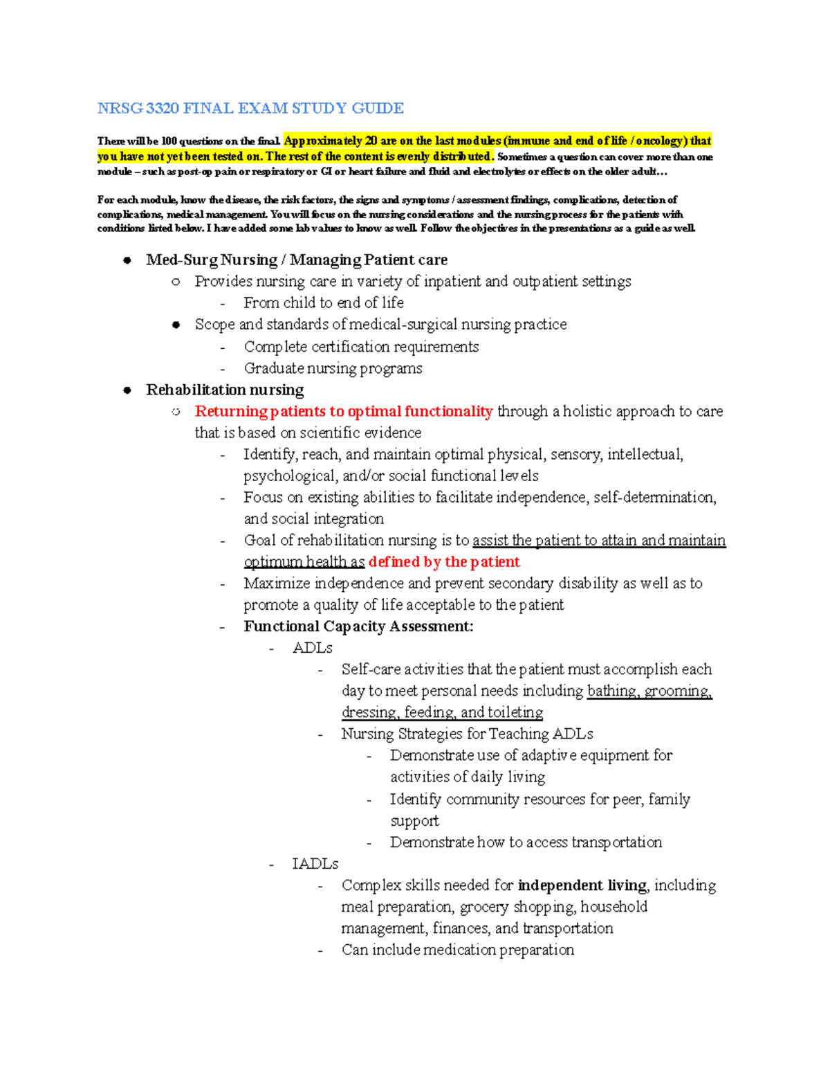 NRSG 3320 Med Surg 1 Final Exam Study Guide: Key Nursing Concepts - Studocu