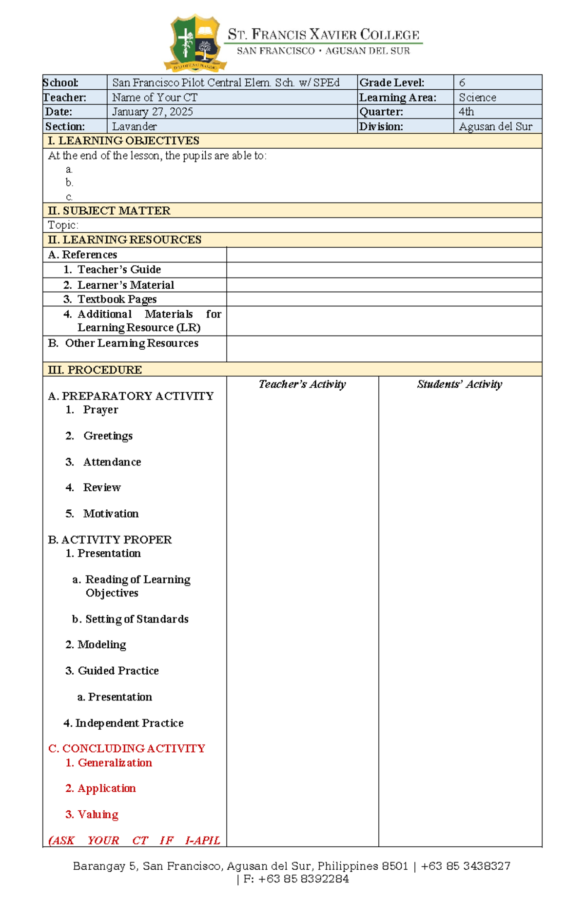 Lesson Plan: Science Learning Objectives & Procedure for Grade 6 - Studocu